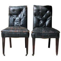 Pair of Button-Back Black Leather Upholstered Library Chairs, circa 1890-1900
