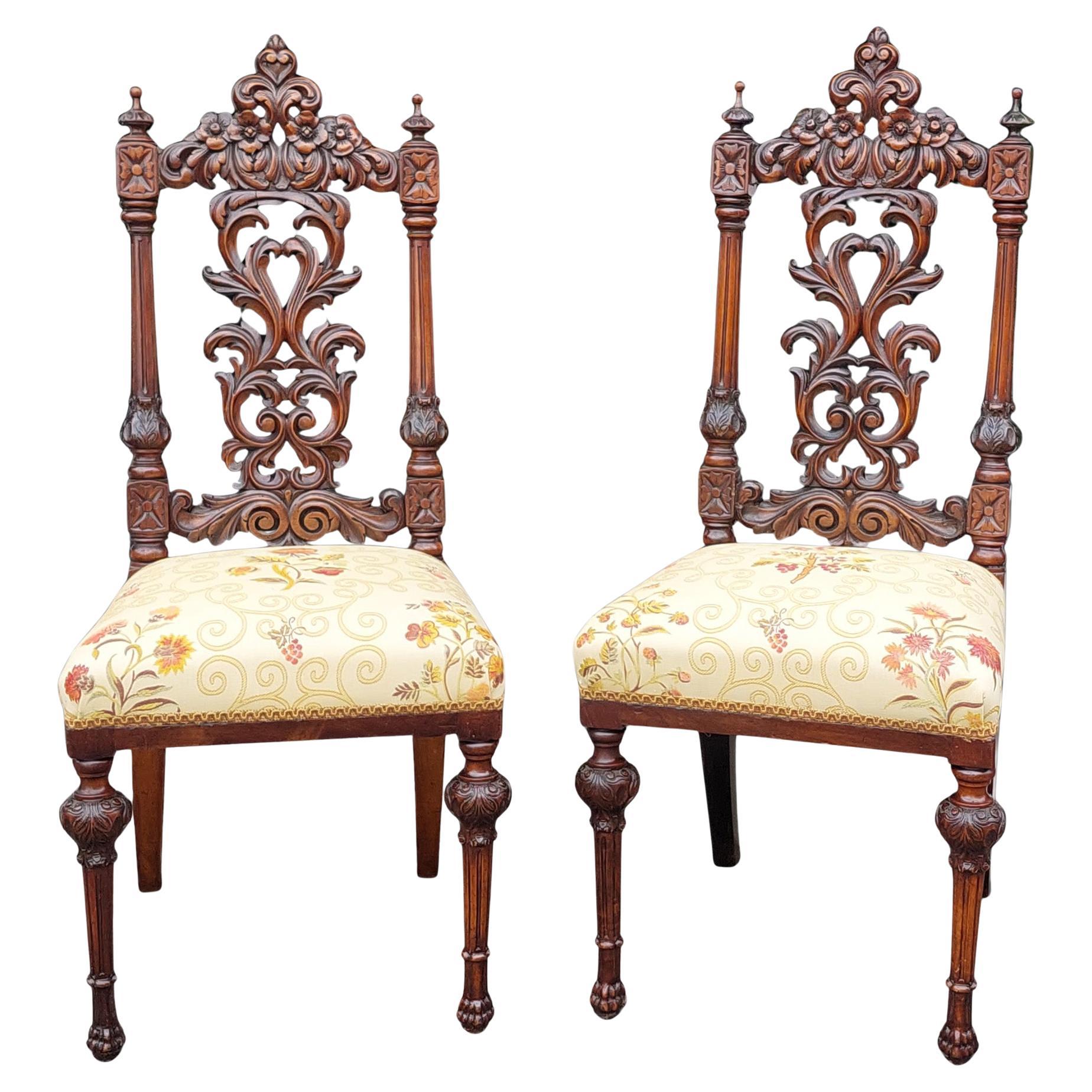 Pair of 19thC Carved Walnut Side Chairs