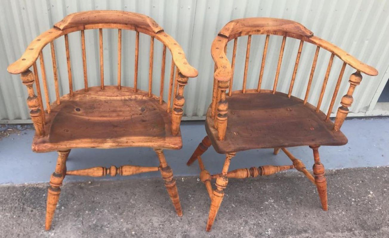 This pair of natural surface Firehouse Windsor chairs are in good sturdy condition. They are the look of the 18th century Windsor chair rail chairs from New England.