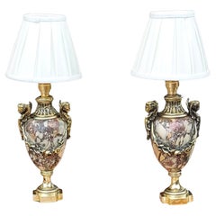 Antique Pair of 19thC French Gilt Brass Mounted Marble Urns