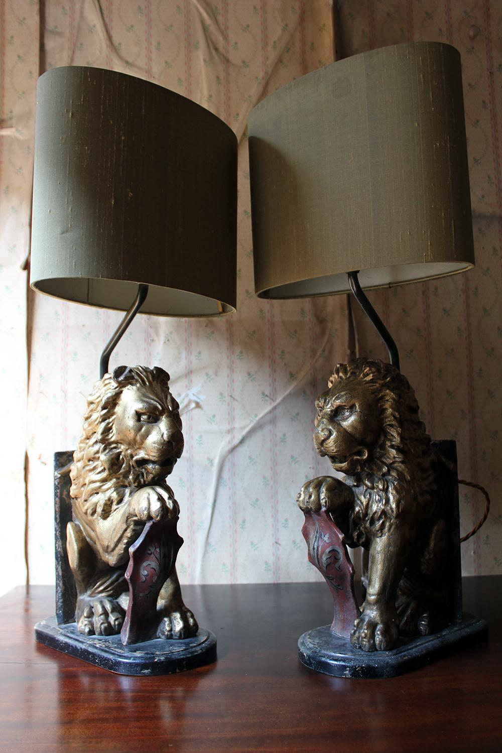 Pair of French Table Lamps Modelled as Gilded Heraldic Lions, circa 1830 13