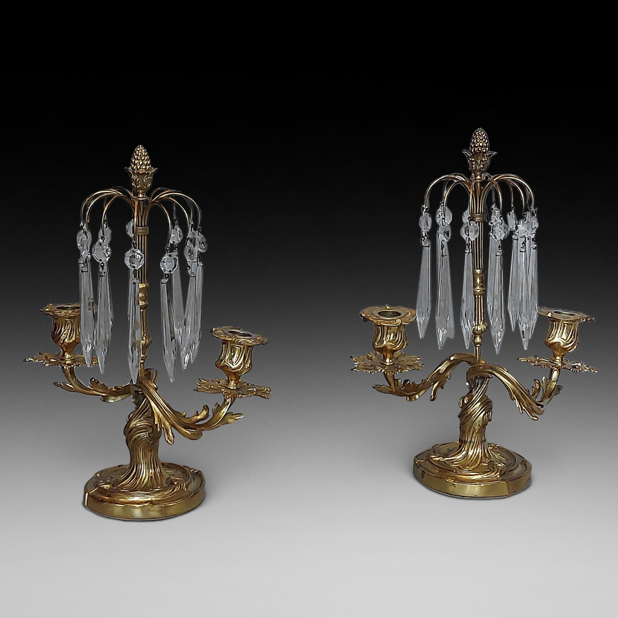 Pair of 19thC French Twin Branch Ormolu Lustres, the candelabra with glass lustres, and an acorn finial to the top - 9