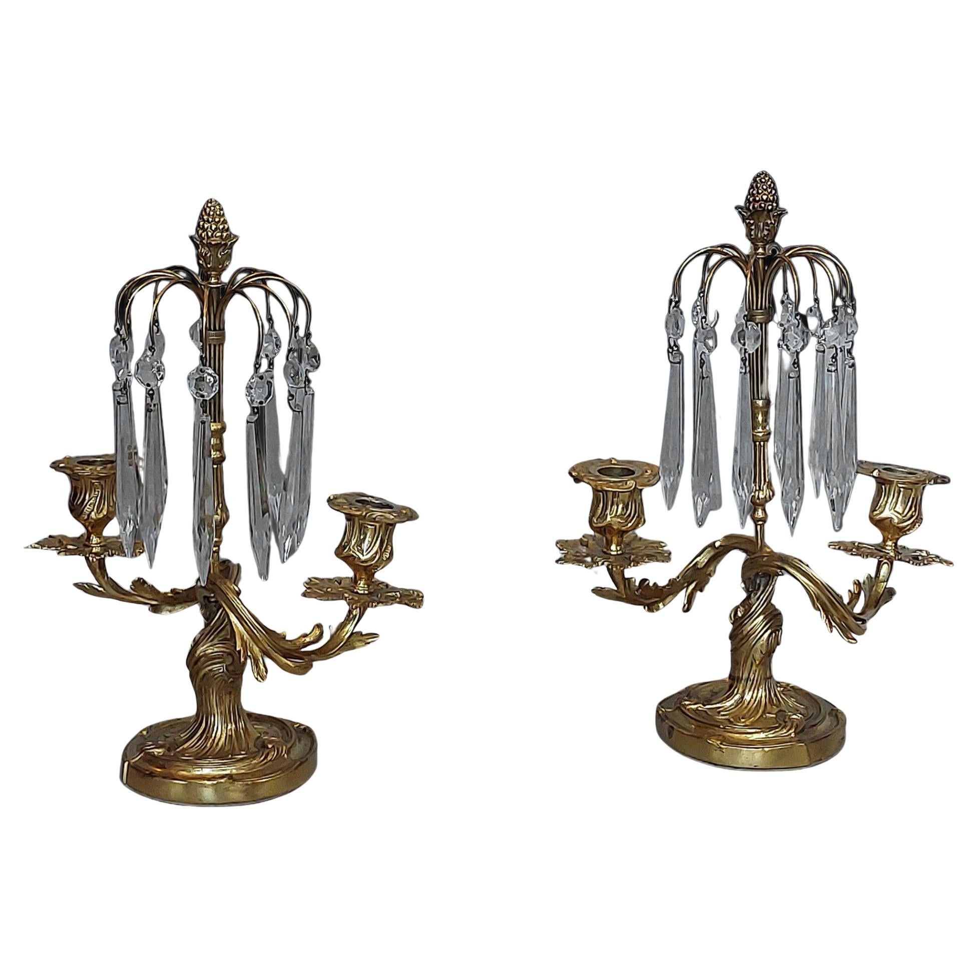 Pair of 19thC French Twin Branch Ormolu Lustres