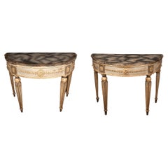 Pair of 19thC Italian Demi-Lune Consoles with Faux Marble Tops 
Accents
