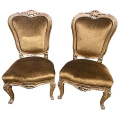Pair of 19thc Italian Rococo Scroll Carved Side Chairs w/ Gold Velvet Upholstery