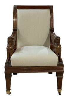 Pair of Mahogany Library Chairs with Carved Sphinx Decoration to the Arms 19thc