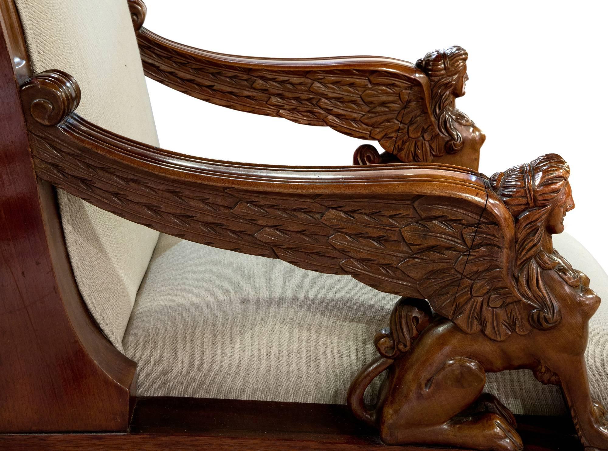 Pair of Mahogany Library Chairs with Carved Sphinx Decoration to the Arms 19thc For Sale 1