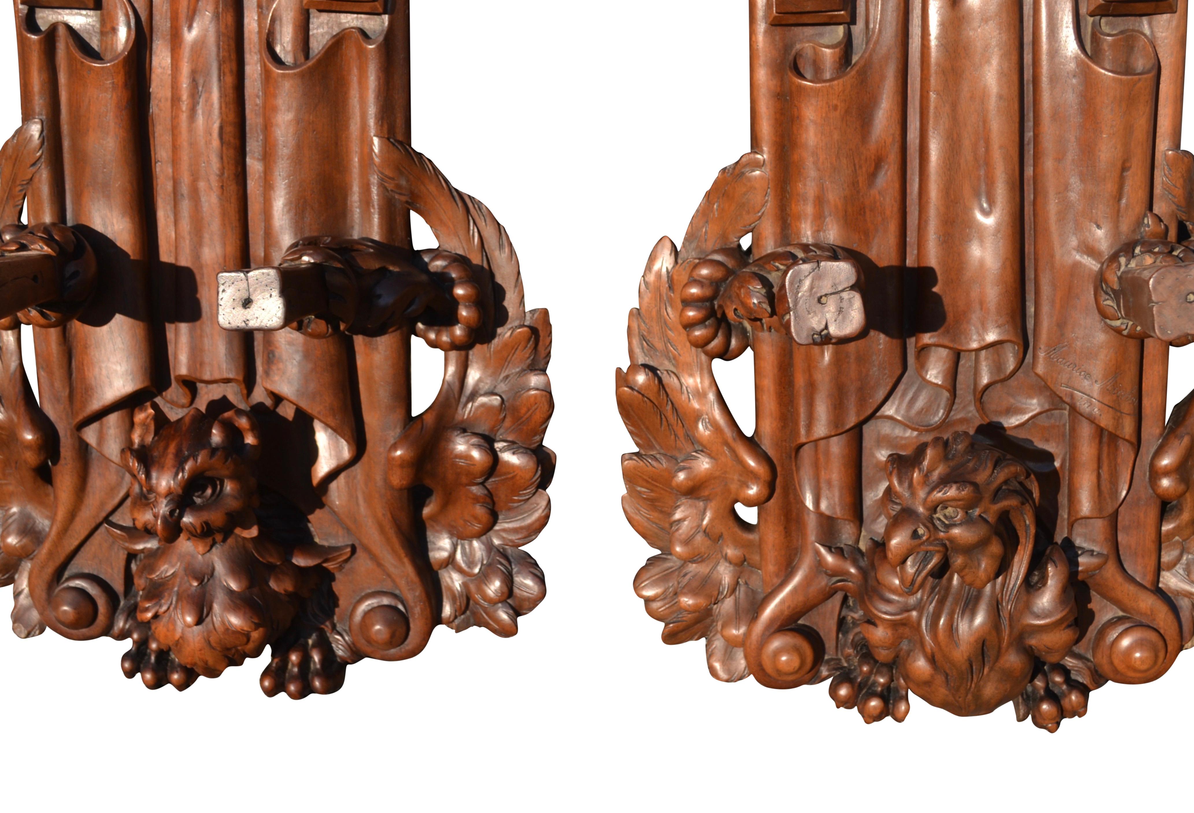 Pair of 19th C Signed Black Forest Style French Carved Walnut Hunting Gun Racks For Sale 6