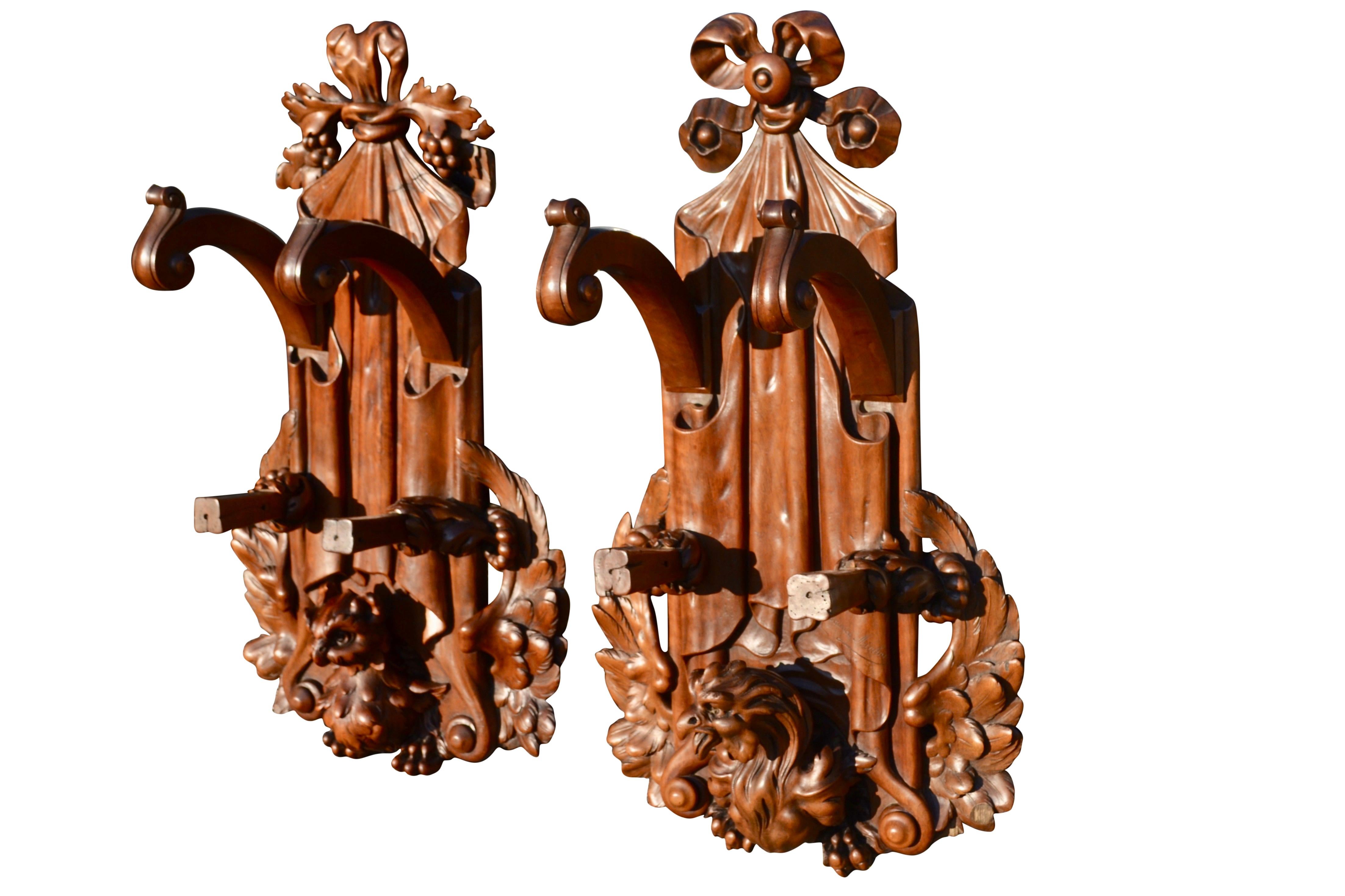 Hand-Carved Pair of 19th C Signed Black Forest Style French Carved Walnut Hunting Gun Racks For Sale