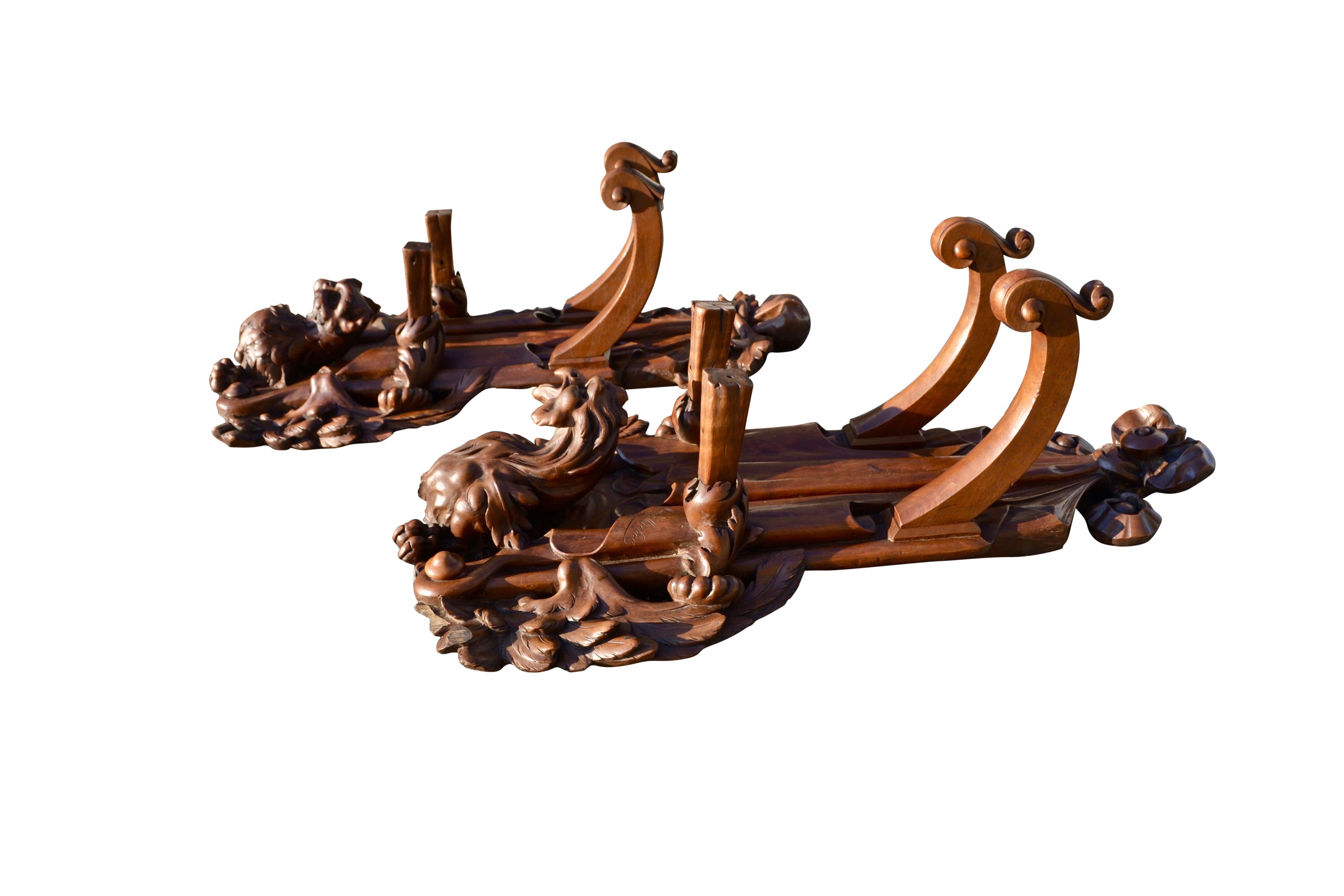 19th Century Pair of 19th C Signed Black Forest Style French Carved Walnut Hunting Gun Racks For Sale