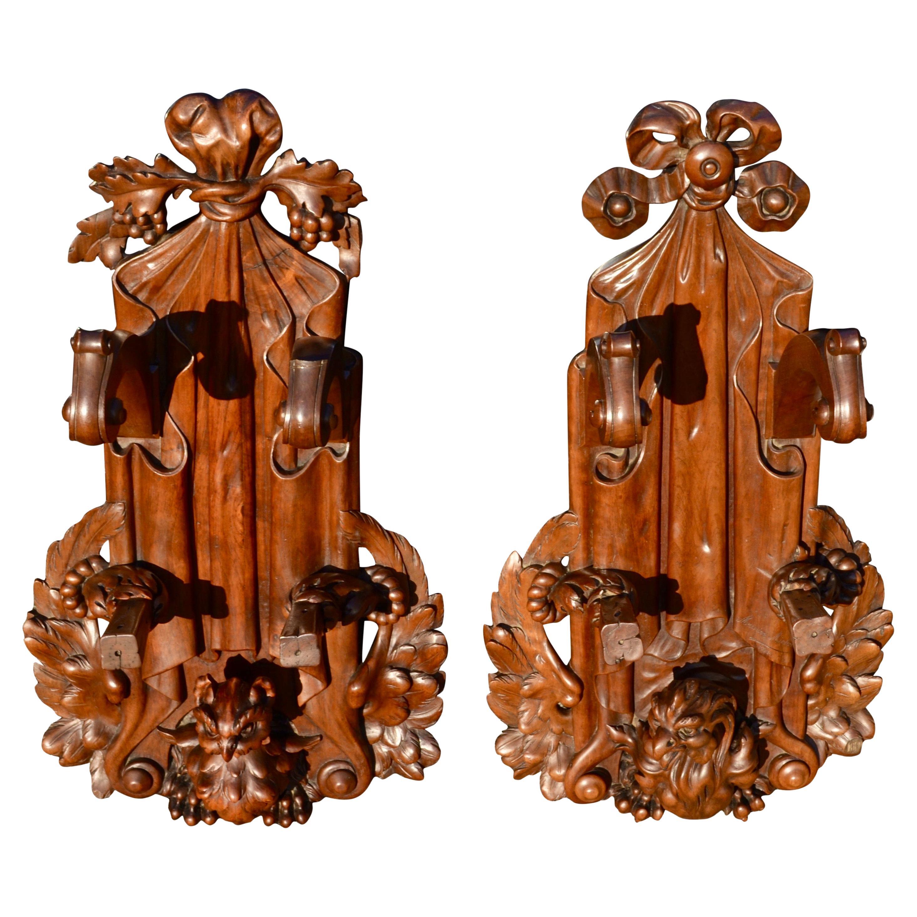 Pair of 19th C Signed Black Forest Style French Carved Walnut Hunting Gun Racks For Sale