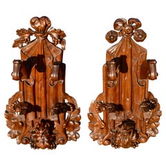Pair of 19th C Signed Black Forest Style French Carved Walnut Hunting Gun Racks