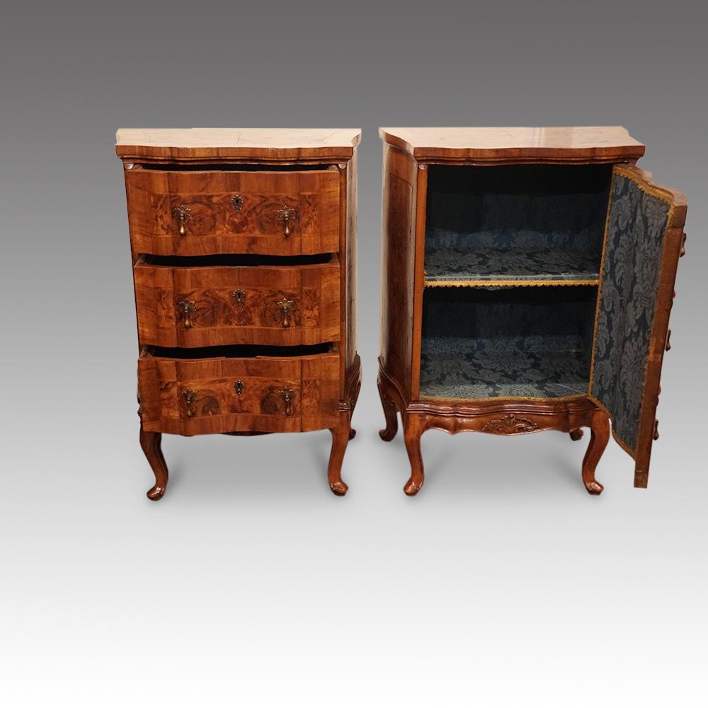 Pair of 19th century walnut Continental cabinets
This pair of walnut Continental cabinets were made circa 1880.
One of these cabinets if fitted drawers whilst the other is fitted a full cupboard.
Each piece is serpentine shaped standing on