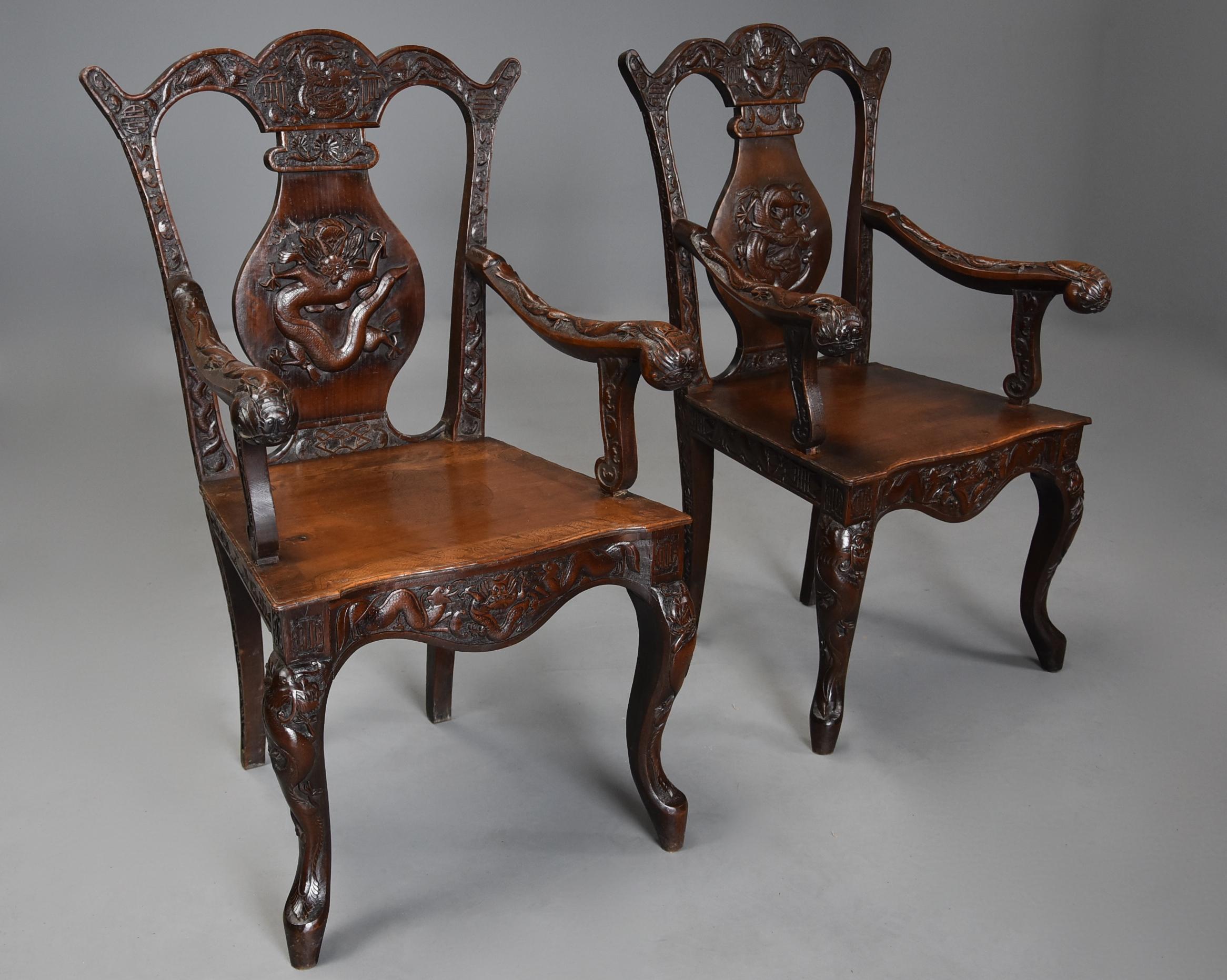 French Pair of 19th Century Walnut Armchairs of Chinese Influence, 18th Century Style For Sale
