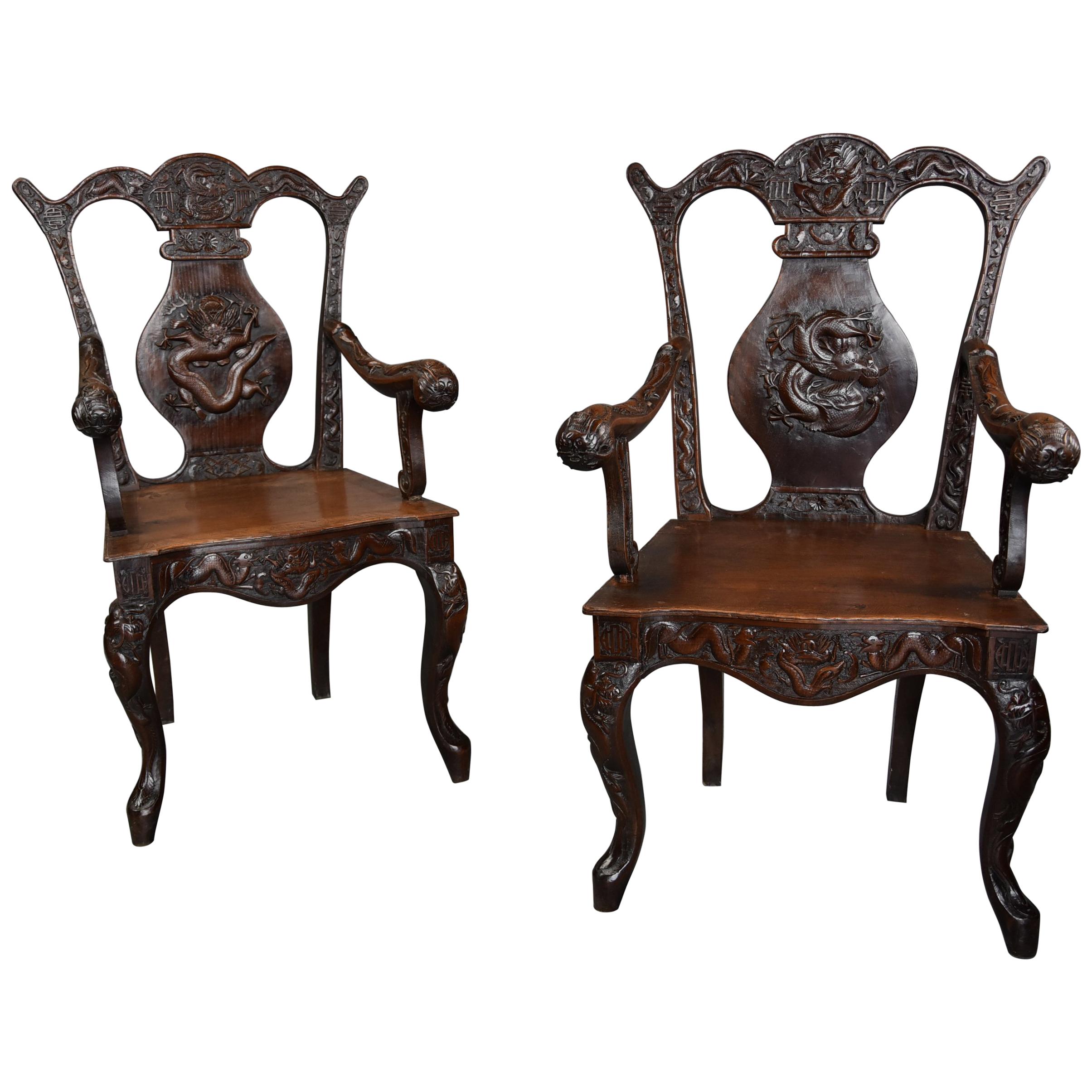 Pair of 19th Century Walnut Armchairs of Chinese Influence, 18th Century Style For Sale