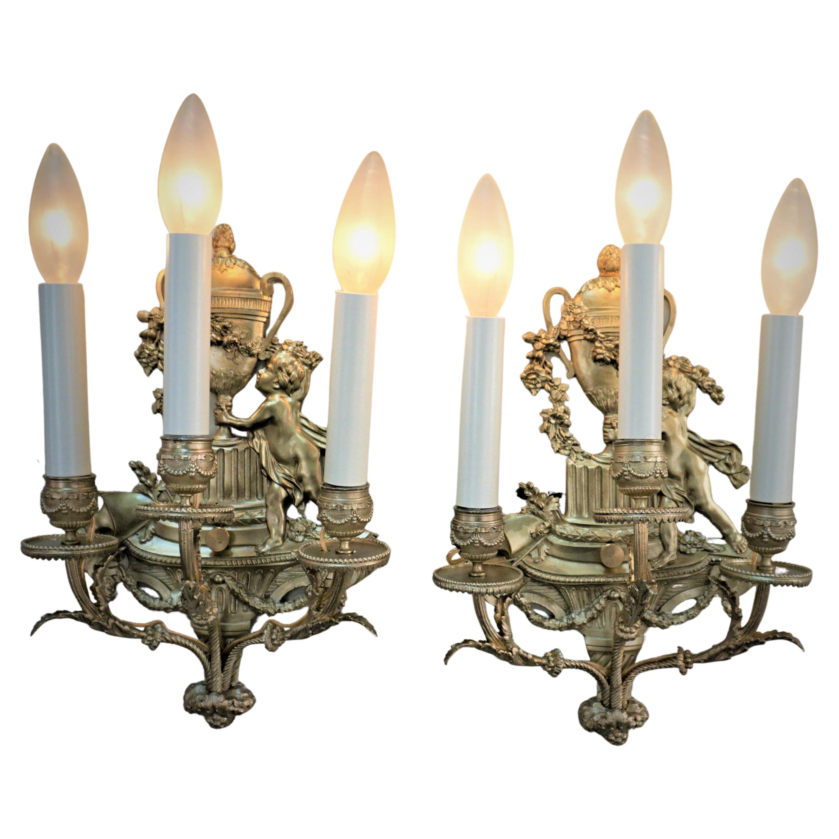 Pair of 19th Century Electrified Bronze Wall Sconces For Sale