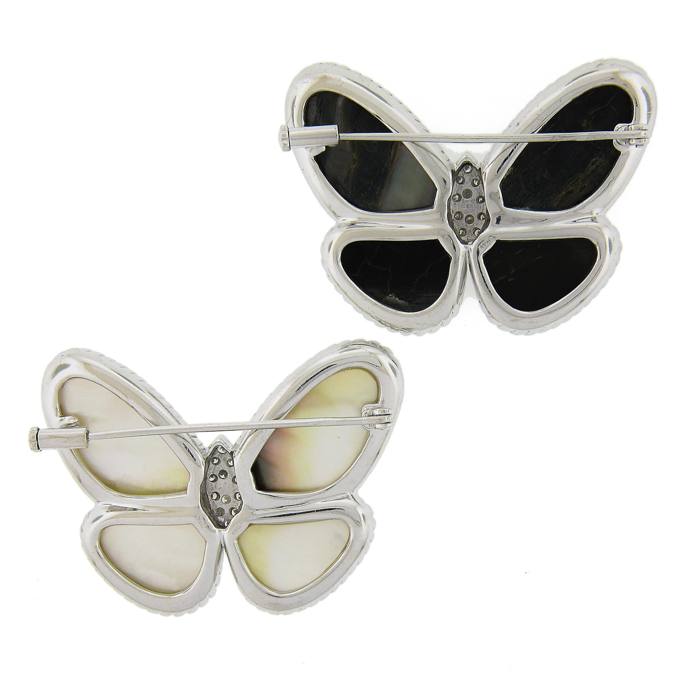 Pair of 2 18K Gold Black & White Mother of Pearl & Diamonds Butterfly Brooch Pin In Excellent Condition For Sale In Montclair, NJ