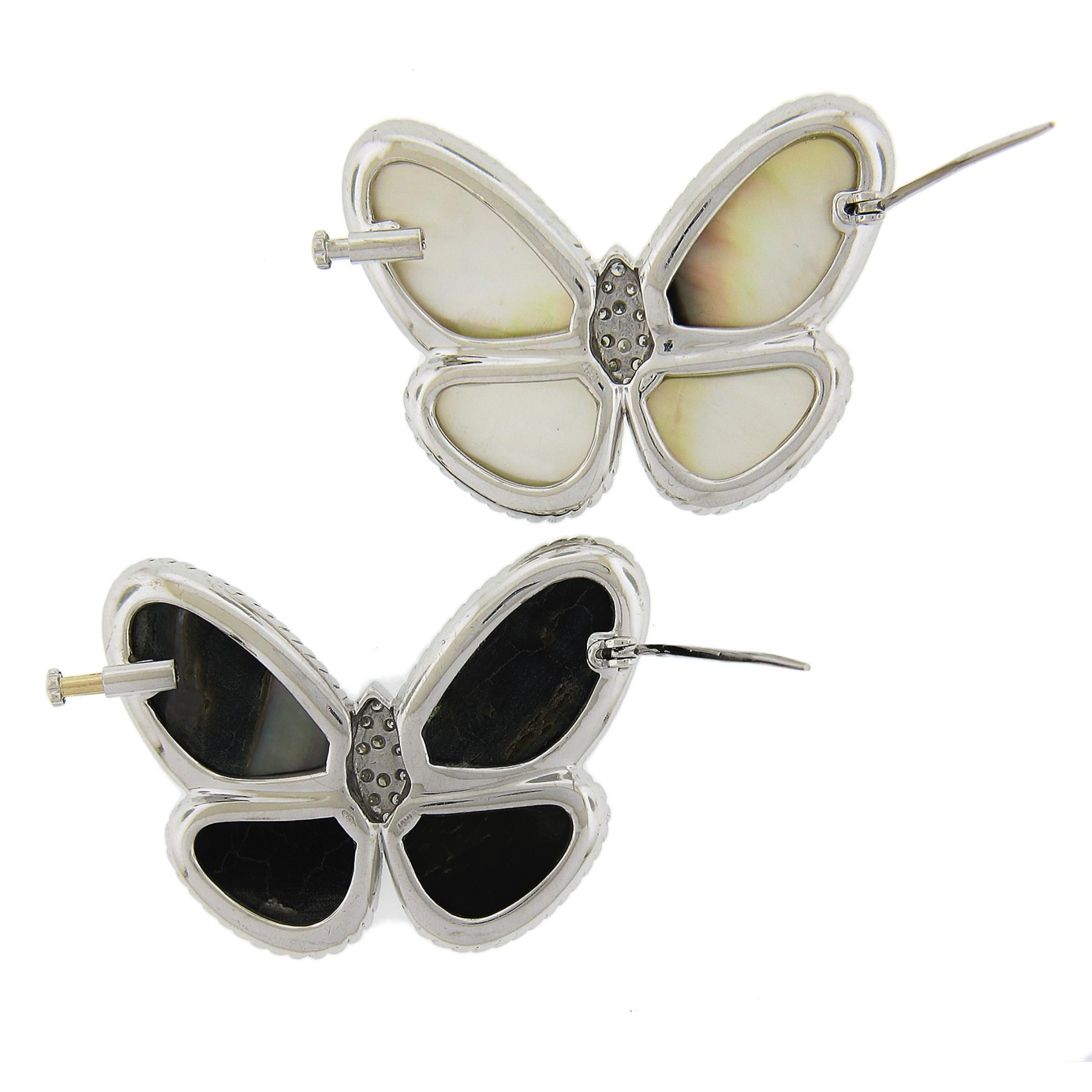 Women's or Men's Pair of 2 18K Gold Black & White Mother of Pearl & Diamonds Butterfly Brooch Pin For Sale