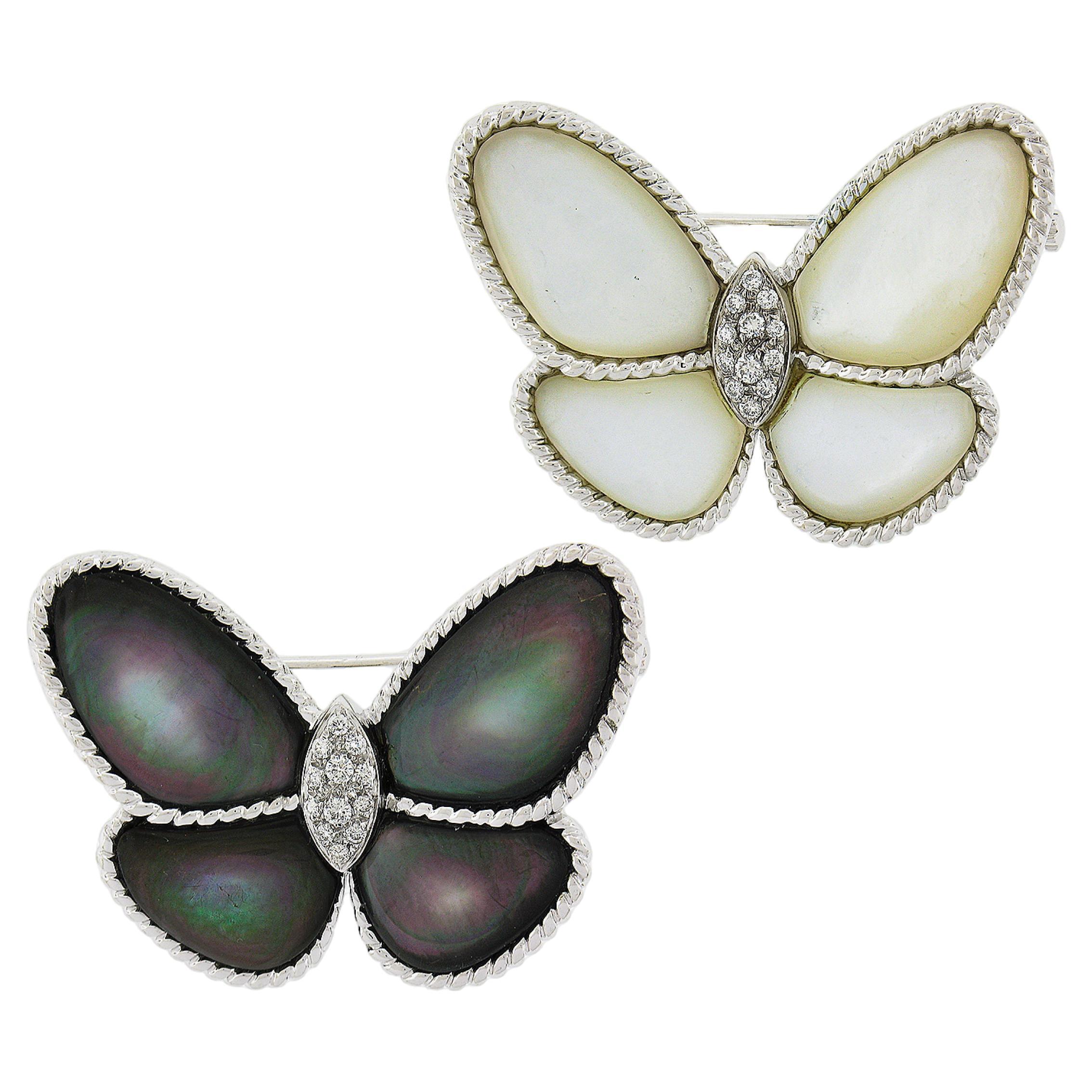 Pair of 2 18K Gold Black & White Mother of Pearl & Diamonds Butterfly Brooch Pin For Sale