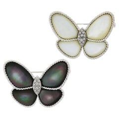 Pair of 2 18K Gold Black & White Mother of Pearl & Diamonds Butterfly Brooch Pin