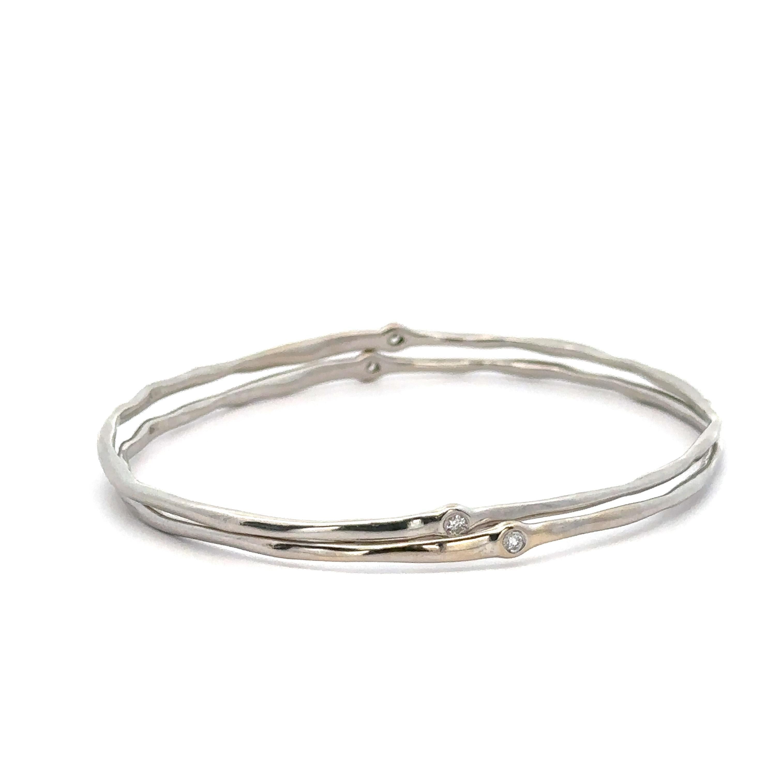 Brilliant Cut Pair of 2 18k White Gold Bezel Diamond Free Form Wire Slip On Bangle Bracelet