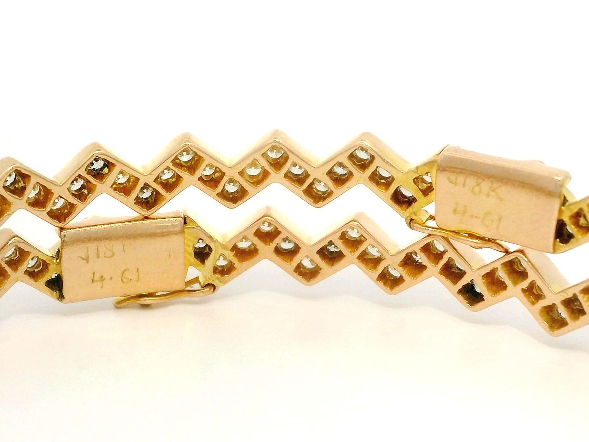 Pair of 2 18k Yellow Gold 4.61ctw VS F Pave Diamond Zig Zag Bangle Bracelets For Sale 10