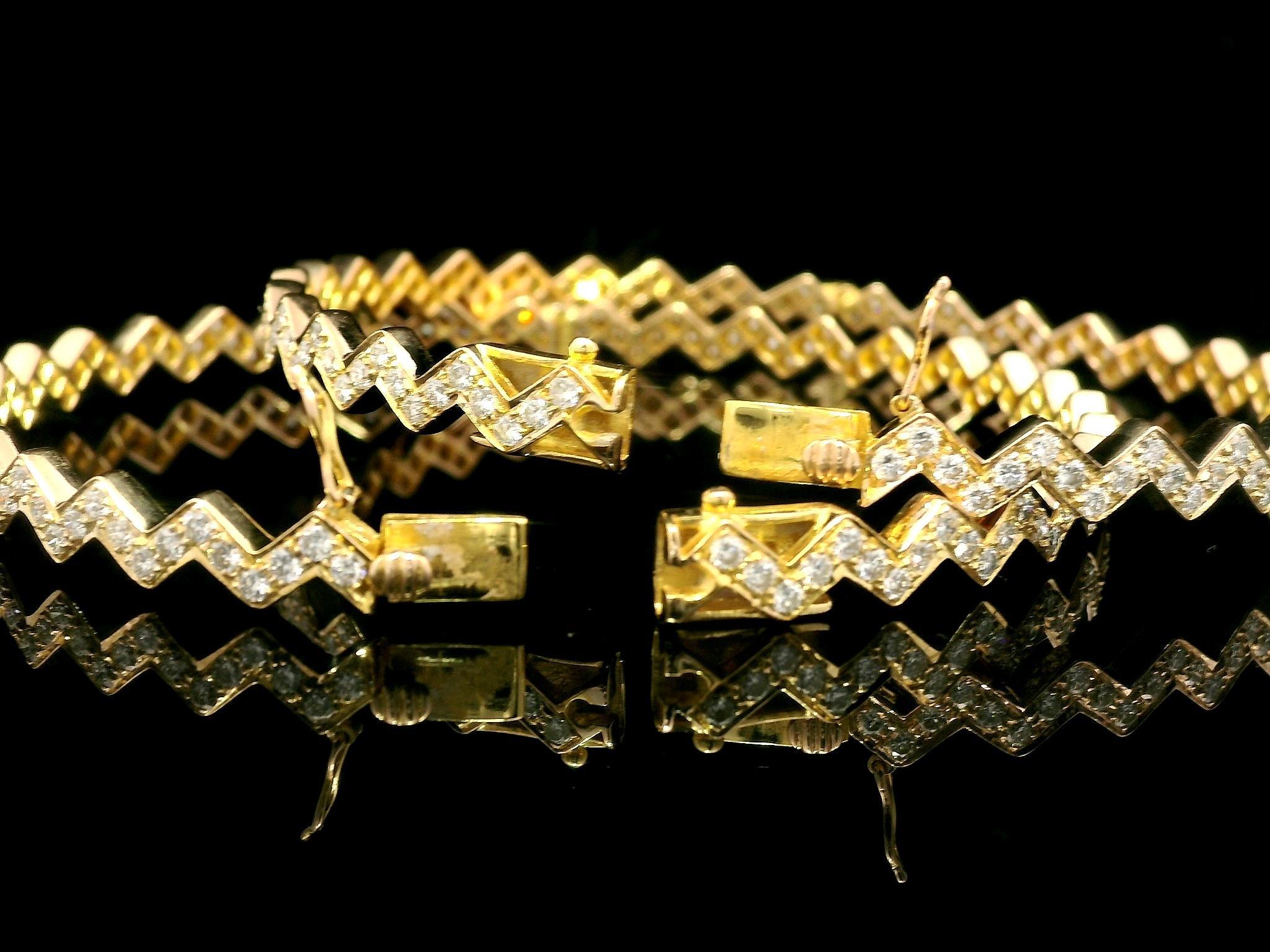 Women's Pair of 2 18k Yellow Gold 4.61ctw VS F Pave Diamond Zig Zag Bangle Bracelets For Sale