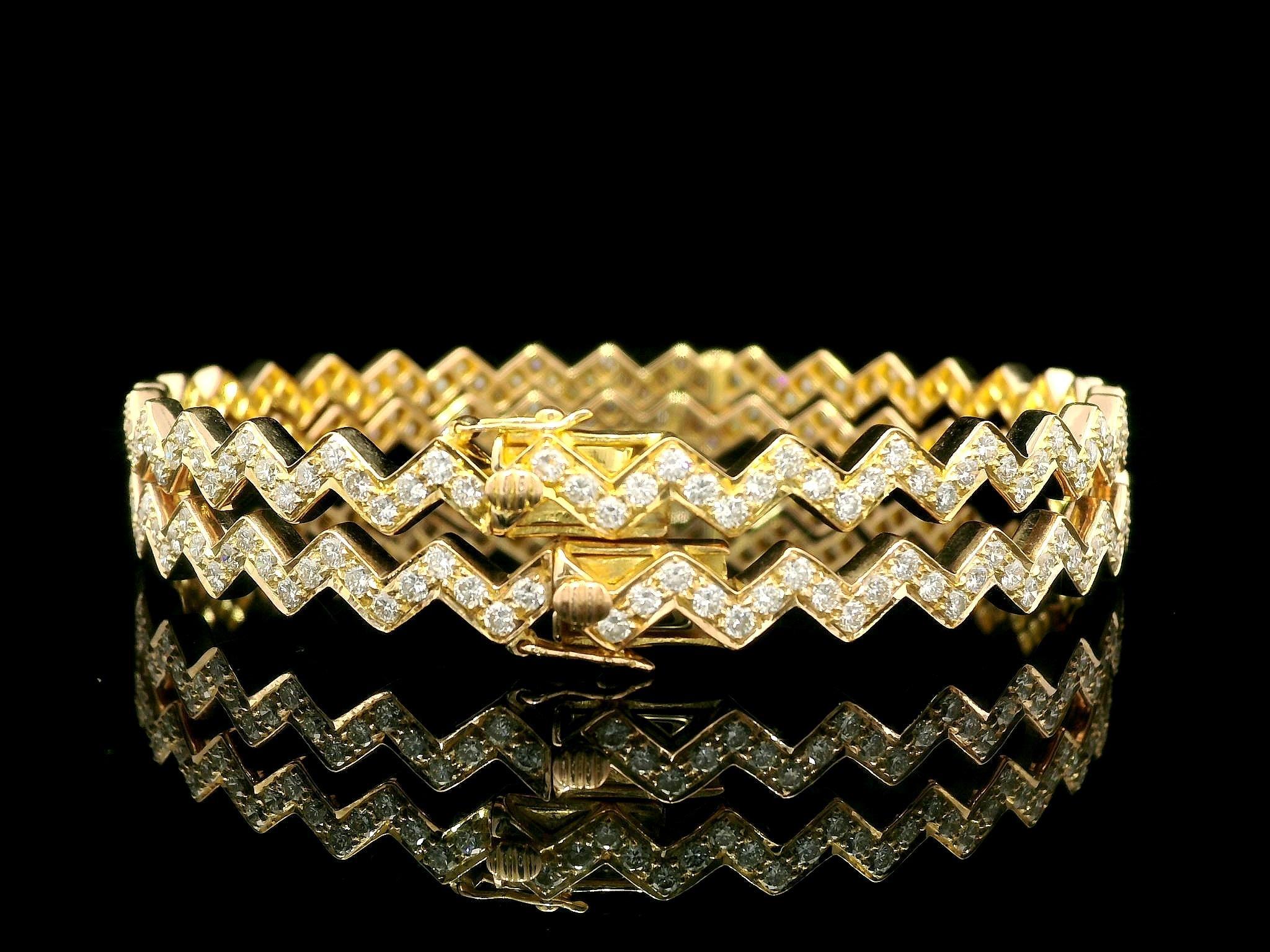 Pair of 2 18k Yellow Gold 4.61ctw VS F Pave Diamond Zig Zag Bangle Bracelets For Sale 3