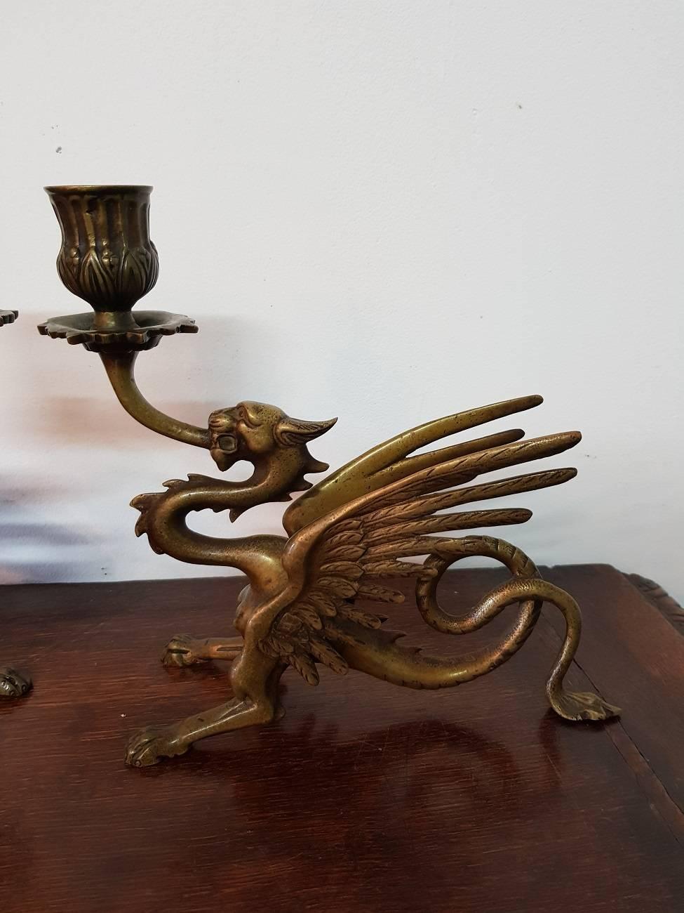 Pair of Two 19th Century Bronze Dragon Candlesticks In Excellent Condition In Raalte, NL