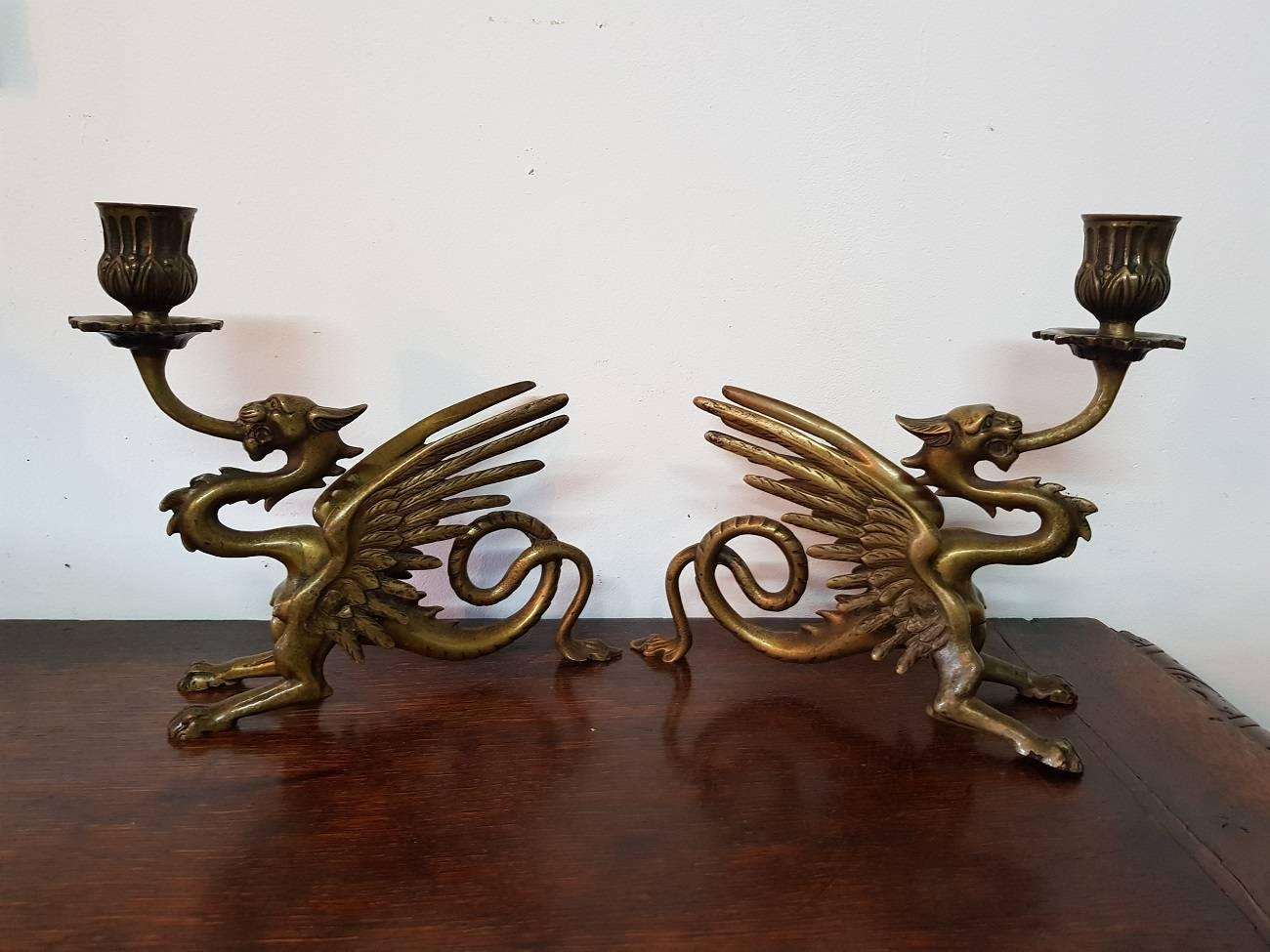 Pair of Two 19th Century Bronze Dragon Candlesticks 1