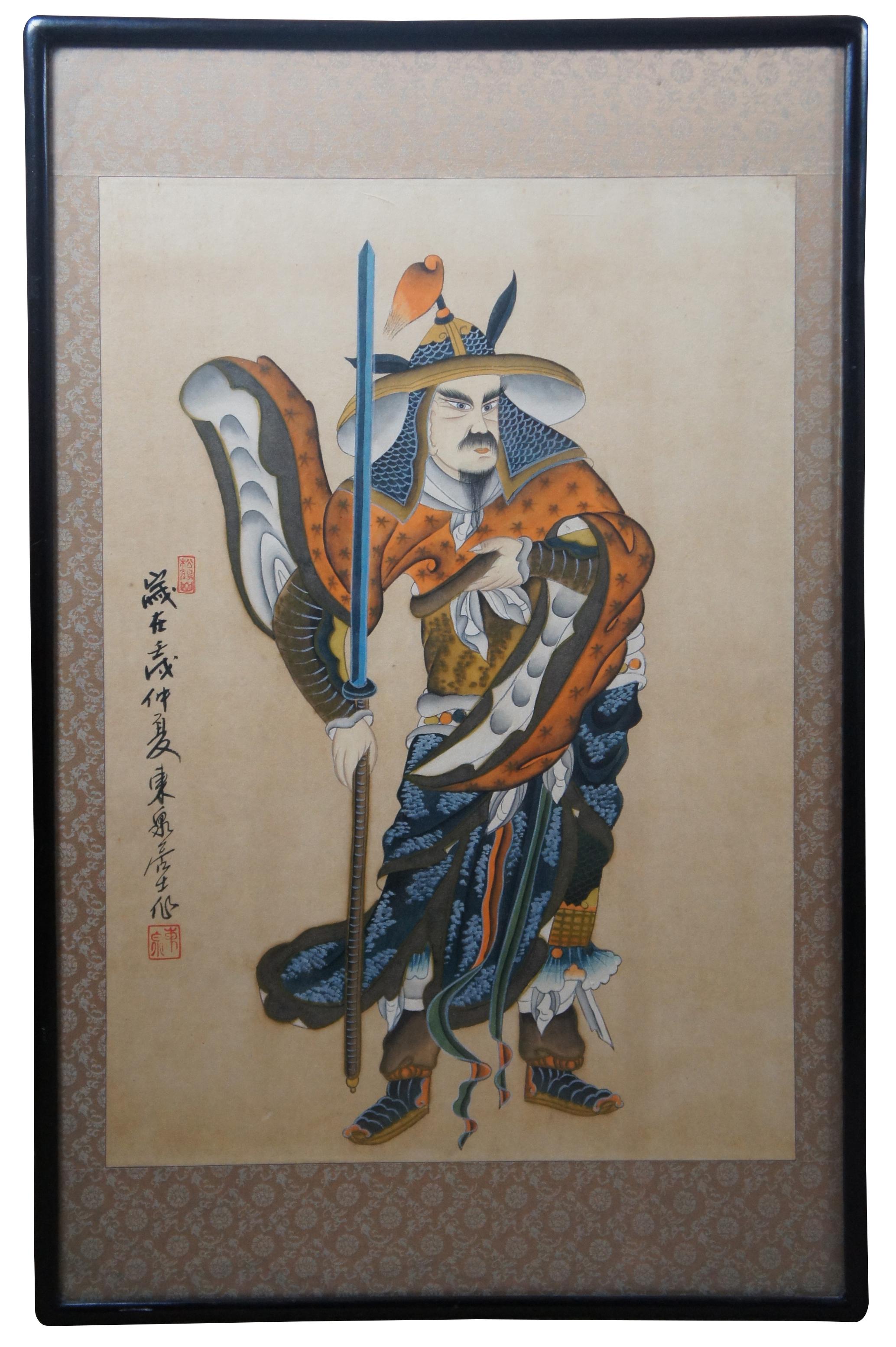Pair of antique woodblock prints showing warriors in Mongolian armor/clothing. Signed along the left side.

Measures: Sans frame - 19.5” x 28”, 37