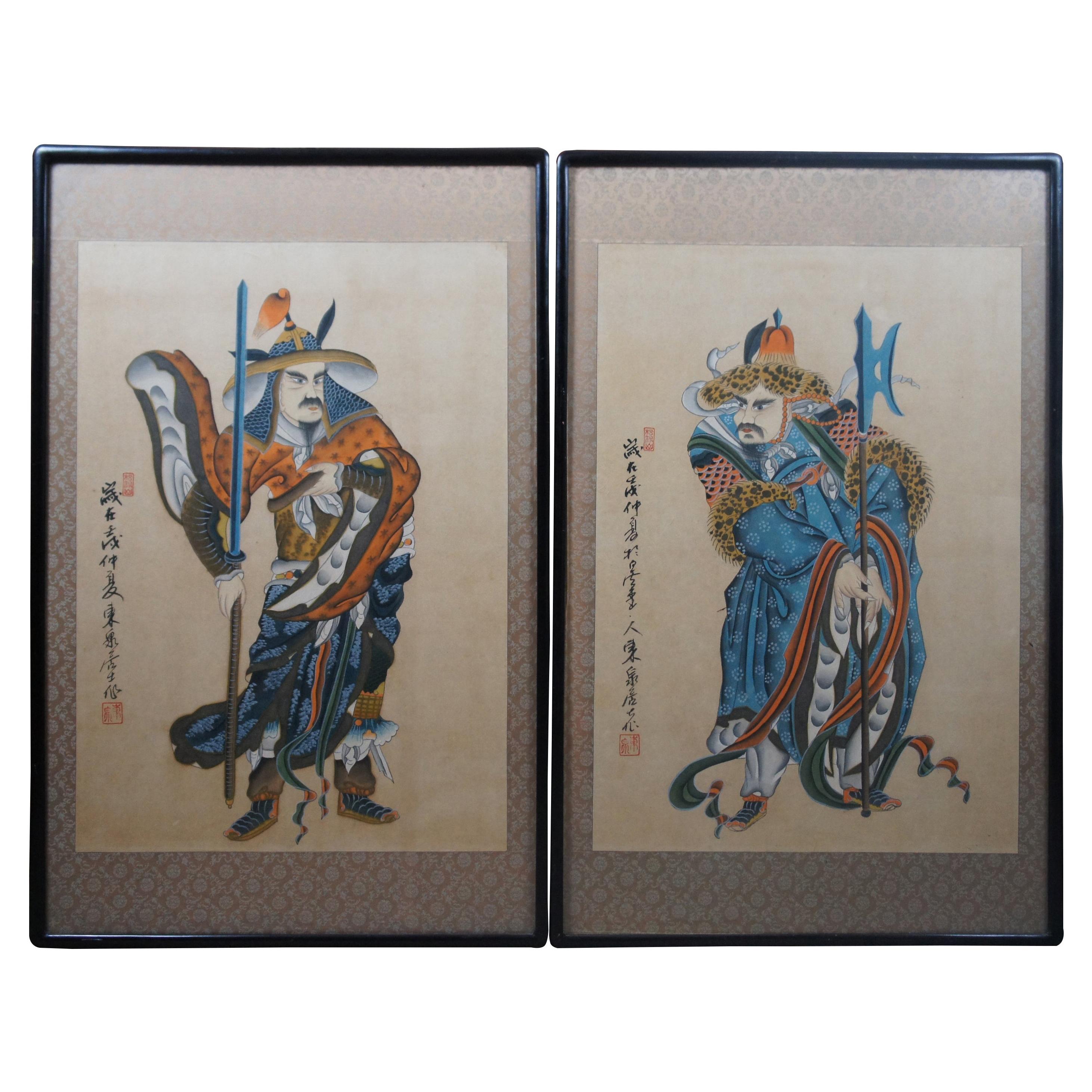 Pair of 2 Antique Woodblock Prints Mongolian Soldiers Warriors Samuris