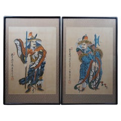 Pair of 2 Antique Woodblock Prints Mongolian Soldiers Warriors Samuris