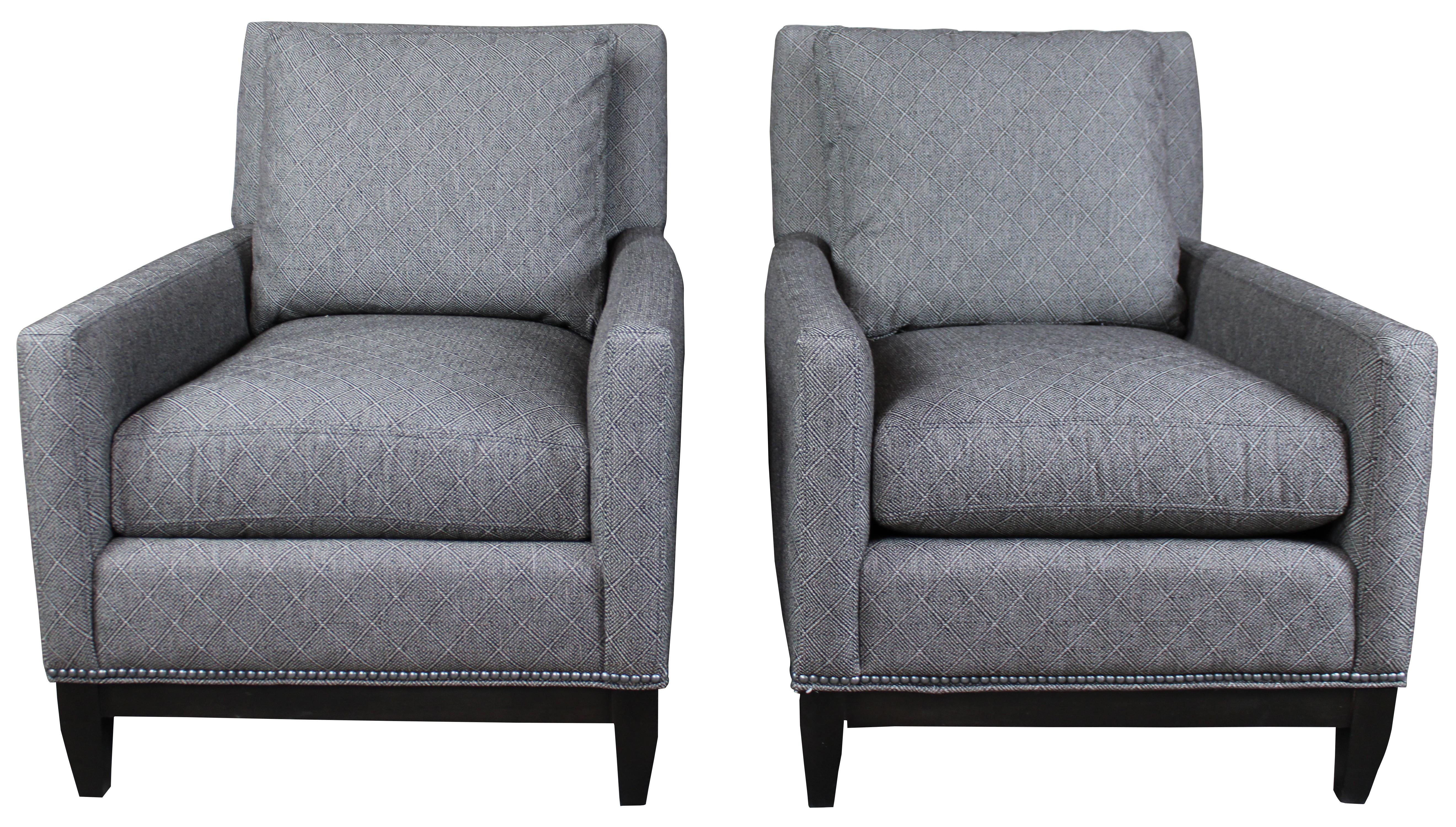 Pair of two Arhaus Furniture Camden Collection armchairs. Features Arhaus's bench crafted upholstery, a gray tweed style fabric with a geometric repeating pattern, accented with nailhead trim and tapered feet.
   