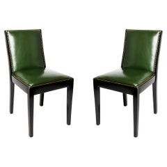 Pair of 2 Art Deco Leather Black Lacquer Dining Chairs, 20th Century