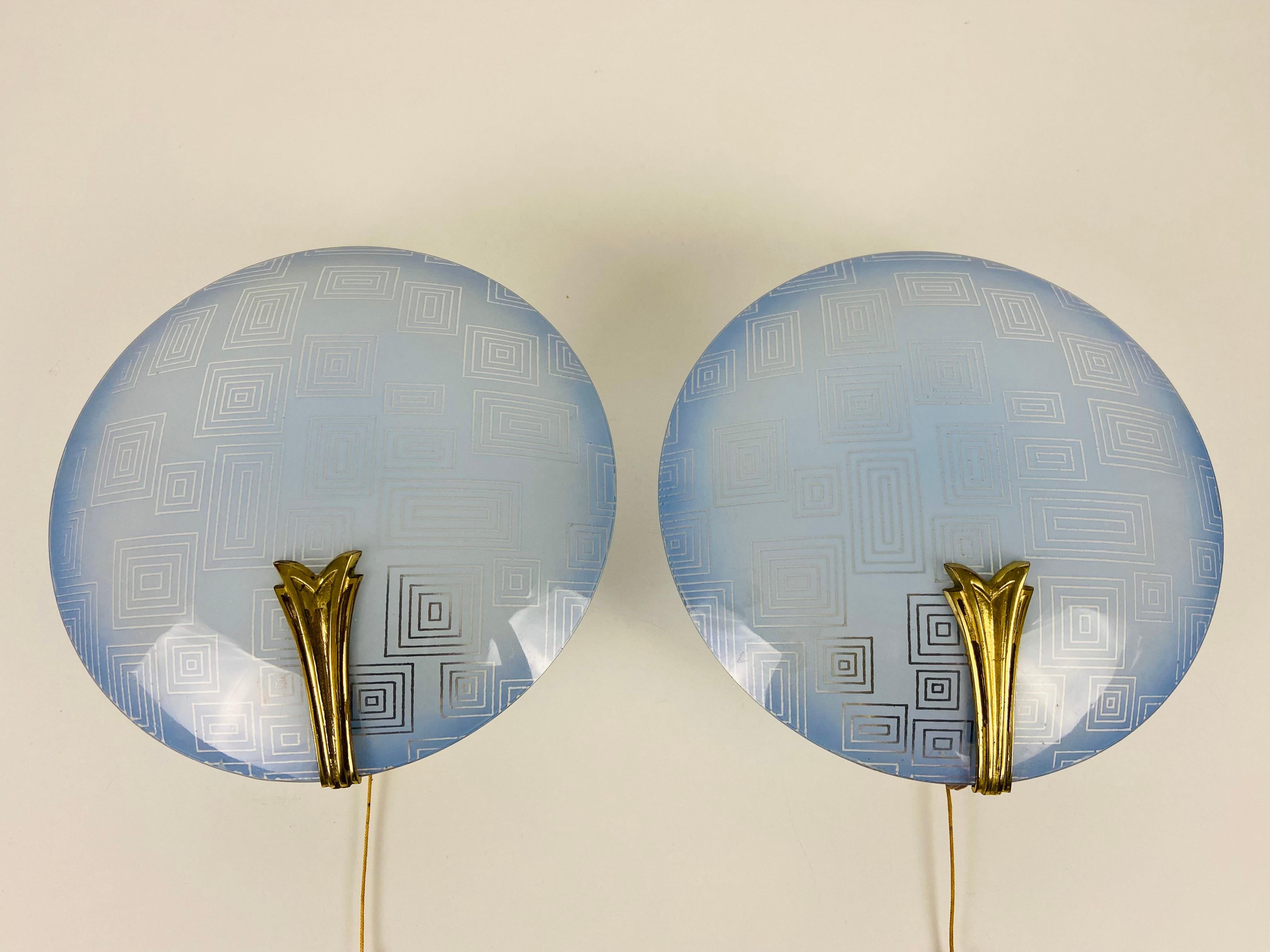 Mid-Century Modern Pair of 2 Brass and Blue Glass Sconces, 1960s, Germany For Sale