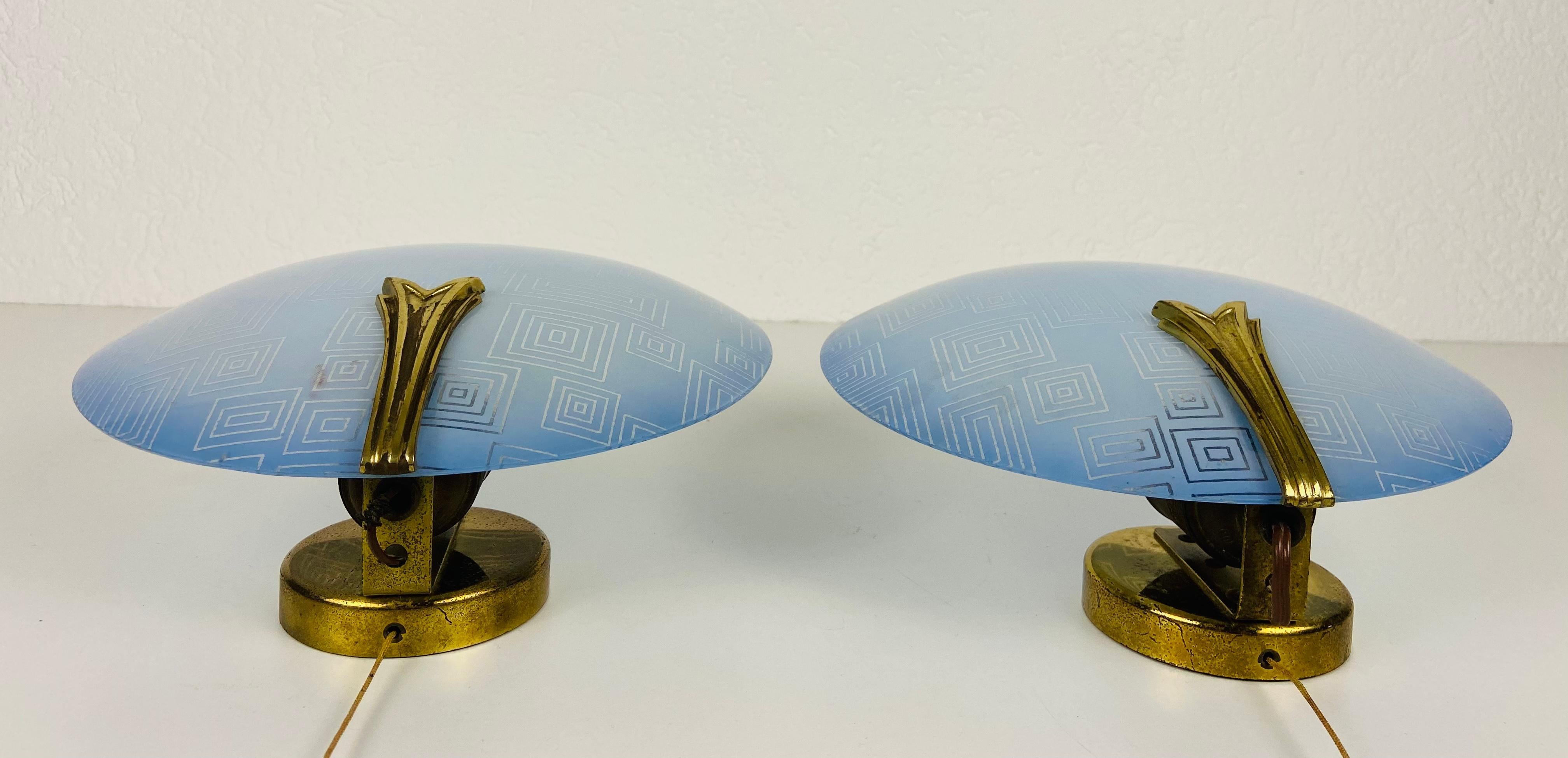 Pair of 2 Brass and Blue Glass Sconces, 1960s, Germany For Sale 1