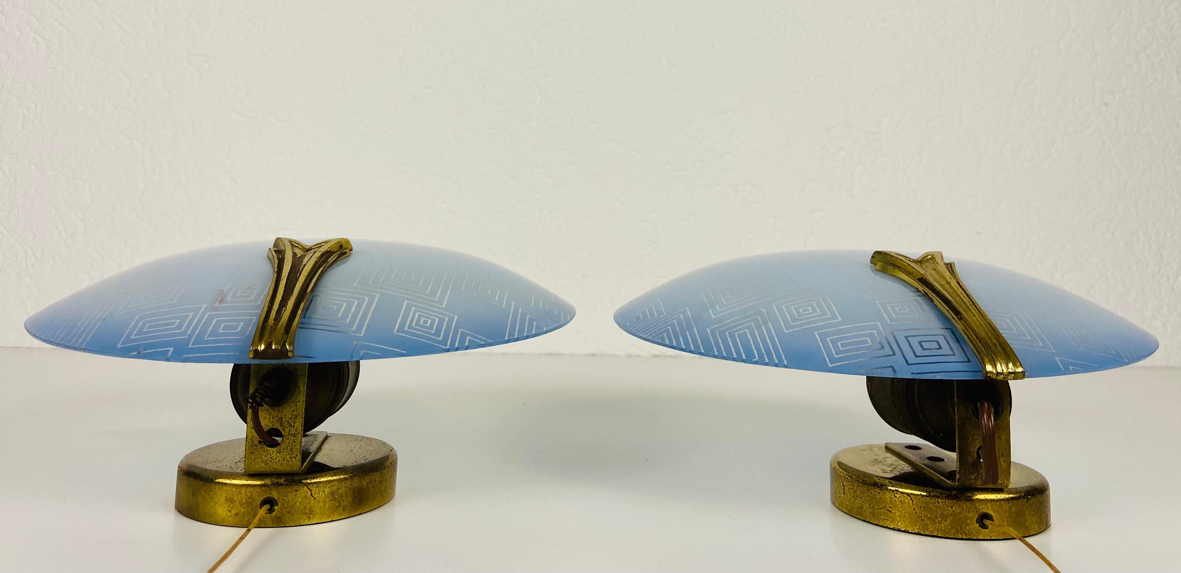 Pair of 2 Brass and Blue Glass Sconces, 1960s, Germany For Sale 2