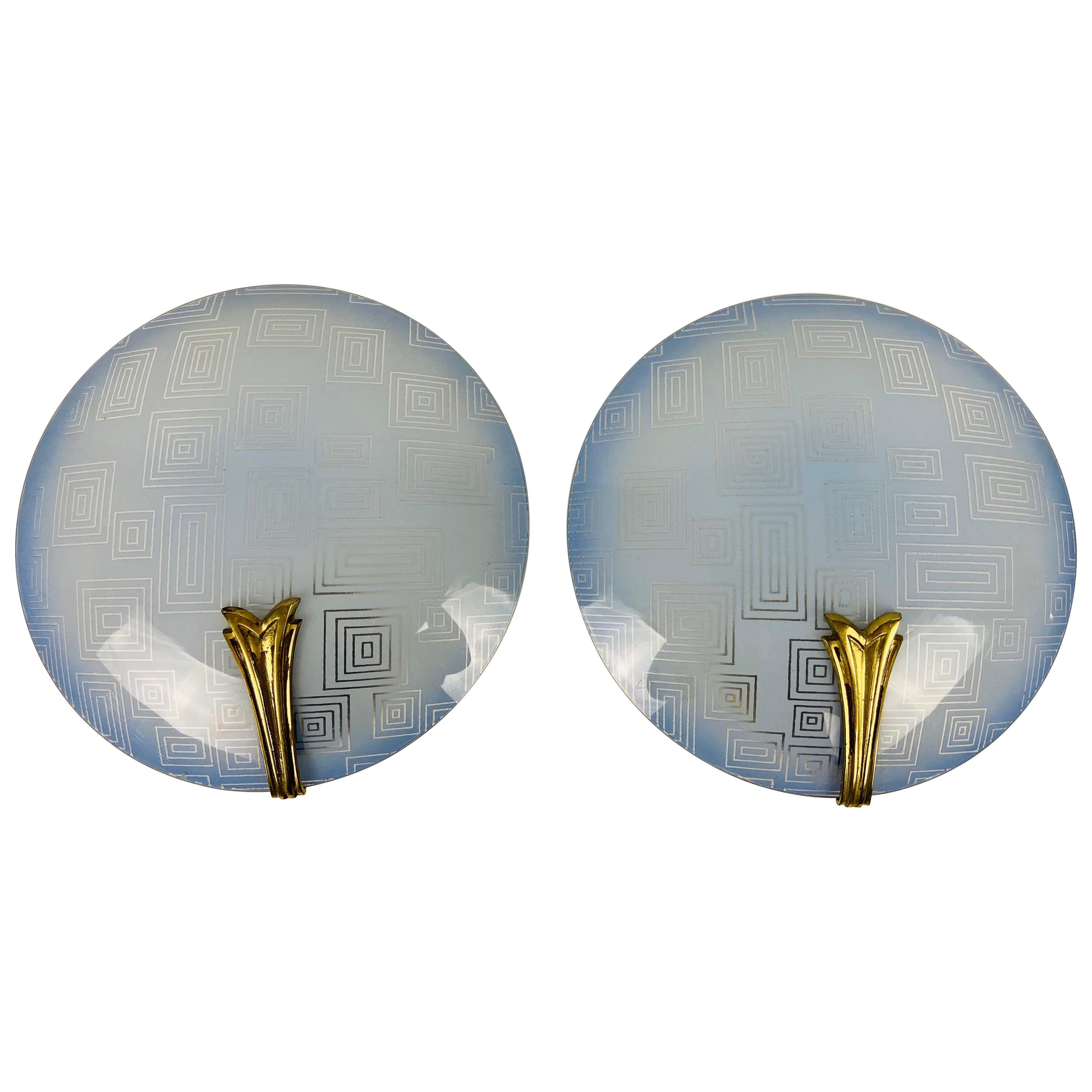 Pair of 2 Brass and Blue Glass Sconces, 1960s, Germany