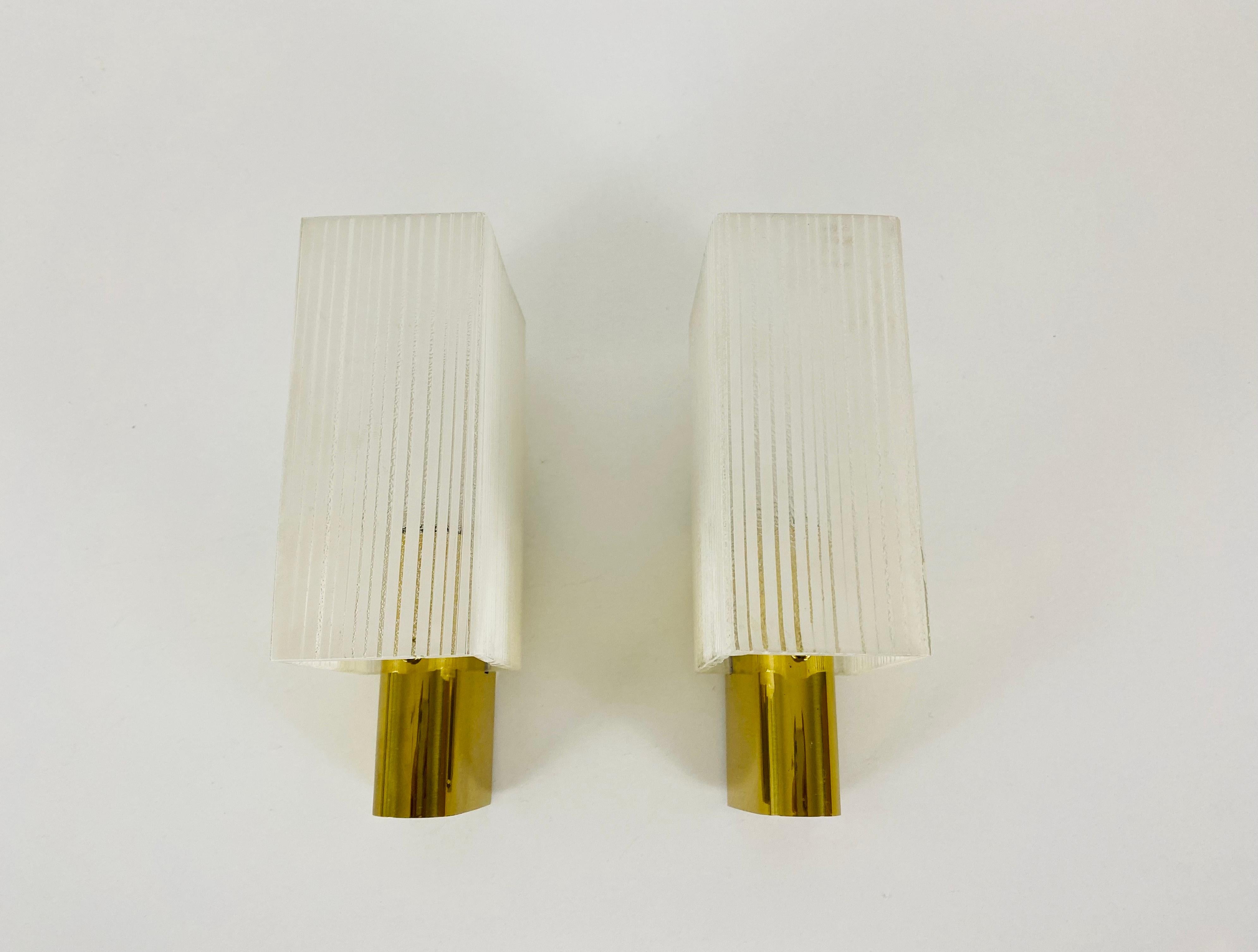 Pair of 2 Brass and Glass Sconces, 1960s, Germany For Sale 8