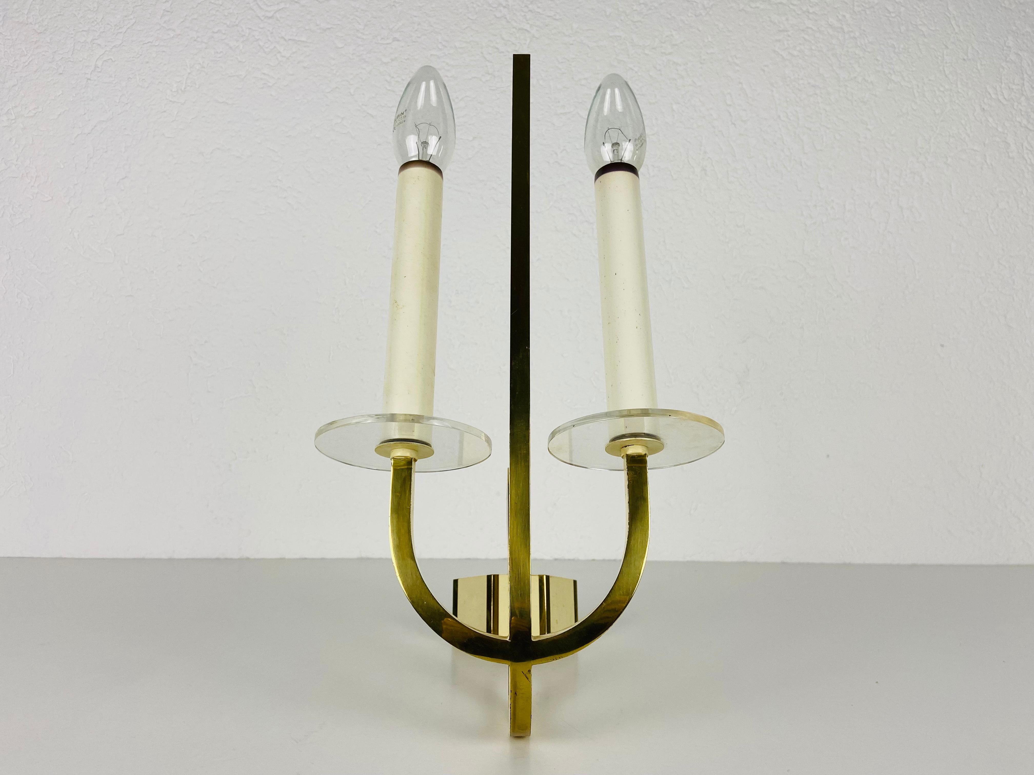 Mid-Century Modern Pair of 2 Brass and Glass Sconces, 1960s, Germany For Sale