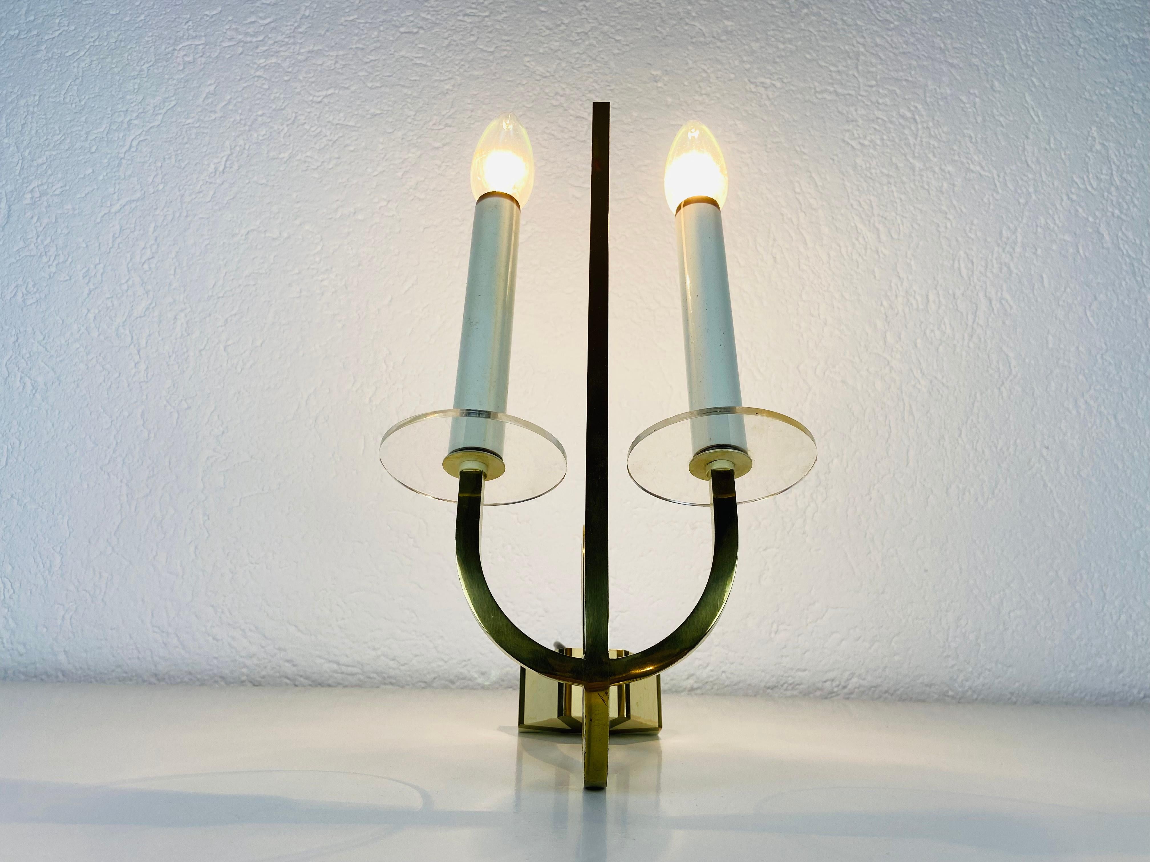 Mid-20th Century Pair of 2 Brass and Glass Sconces, 1960s, Germany For Sale