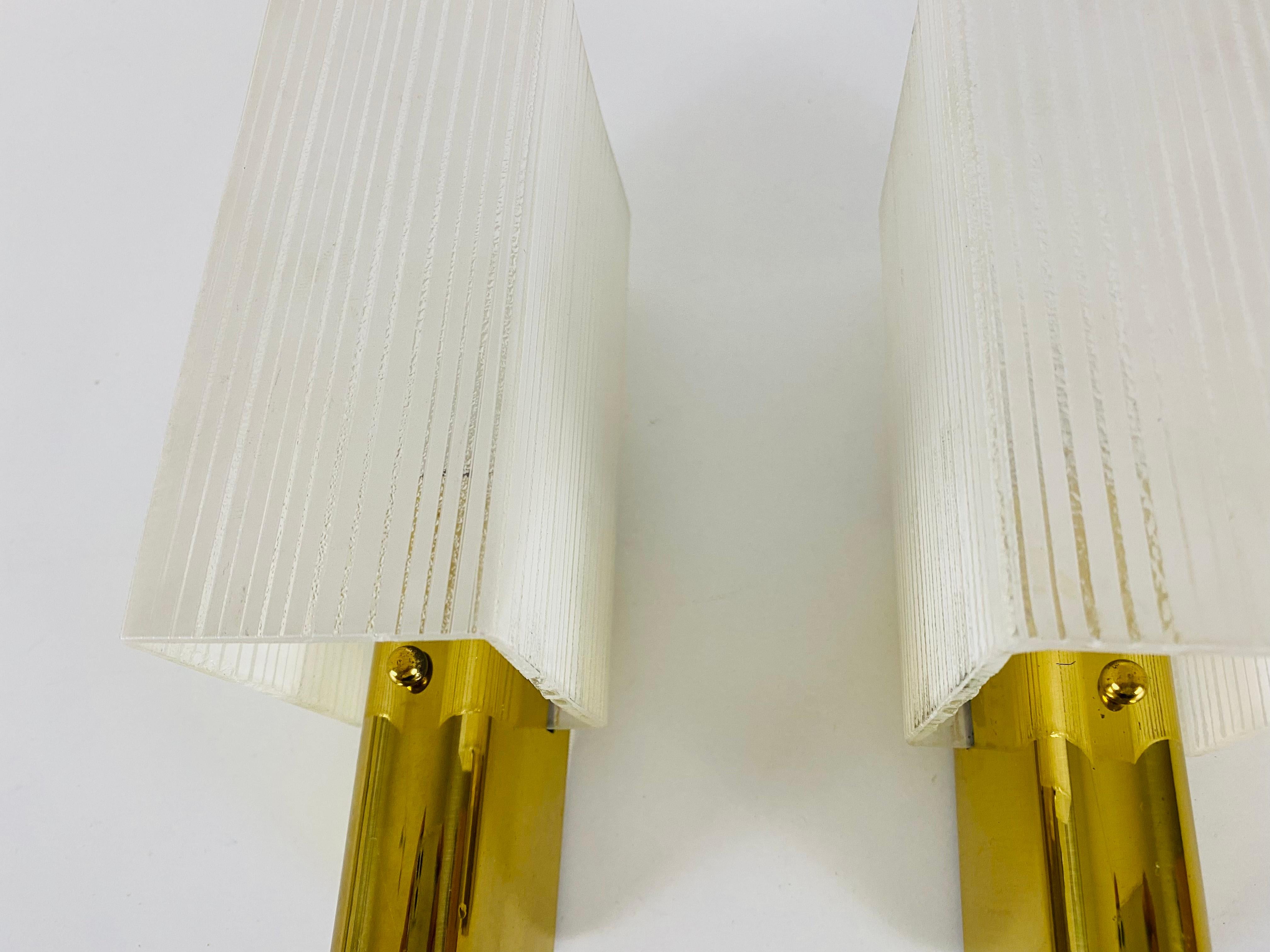 Pair of 2 Brass and Glass Sconces, 1960s, Germany For Sale 1