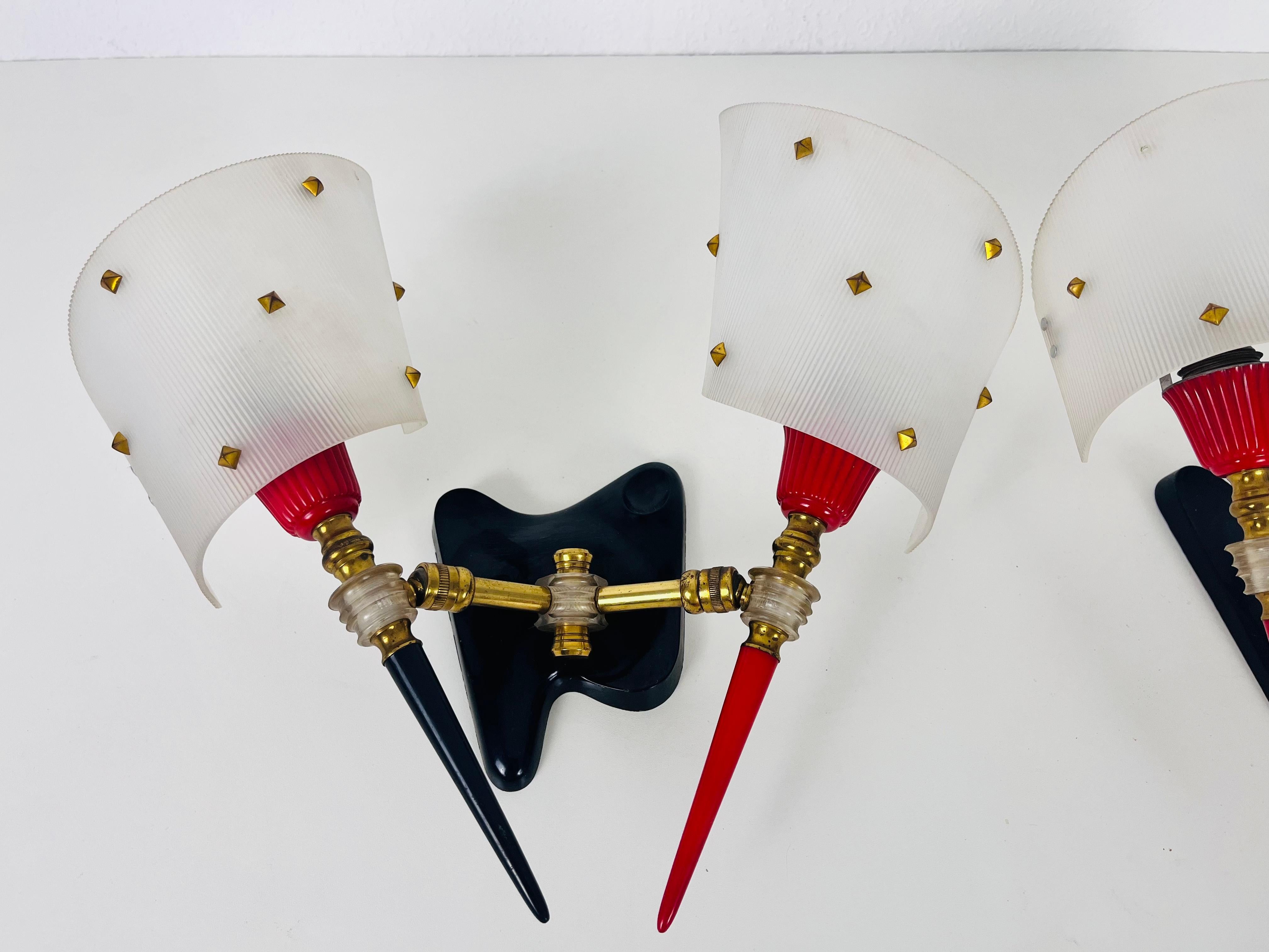 Pair of 2 Brass and Plexiglass Wall Lamps by Maison Arlus, 1960, France For Sale 3
