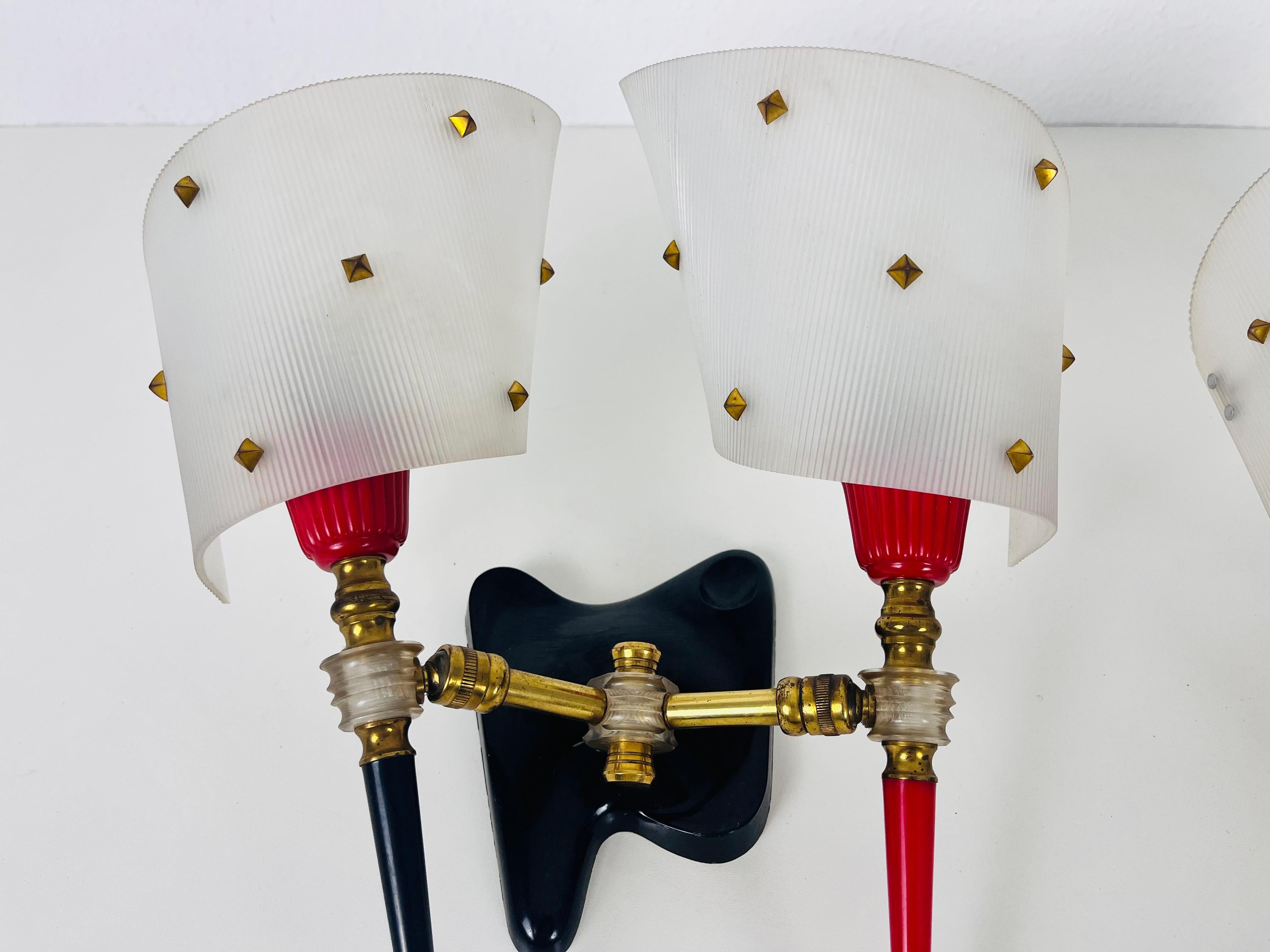 Pair of 2 Brass and Plexiglass Wall Lamps by Maison Arlus, 1960, France For Sale 4