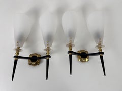 Pair of 2 Brass and Plexiglass Wall Lamps by Maison Arlus, 1960, France