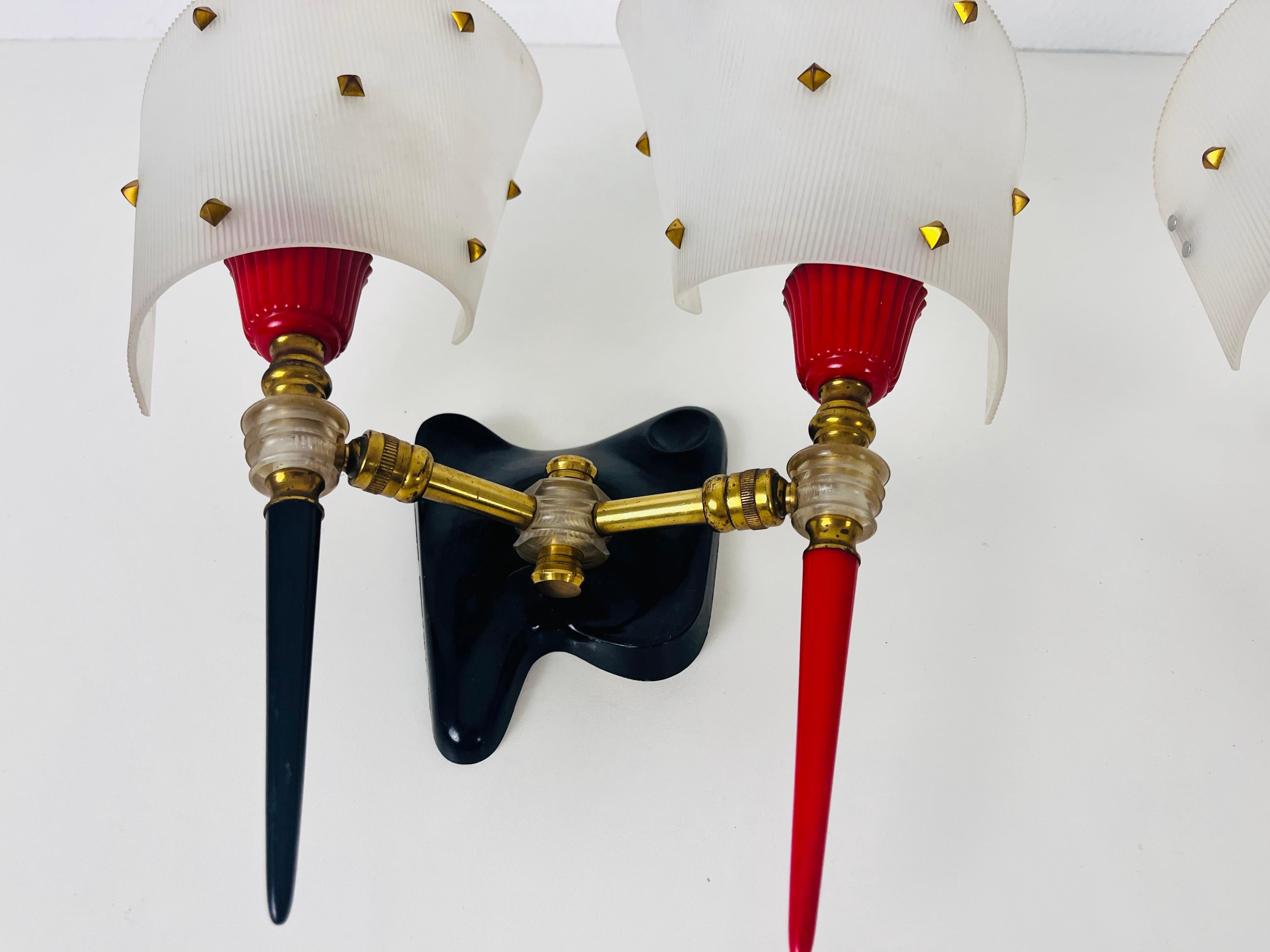 Pair of 2 Brass and Plexiglass Wall Lamps by Maison Arlus, 1960, France In Fair Condition For Sale In Hagenbach, DE