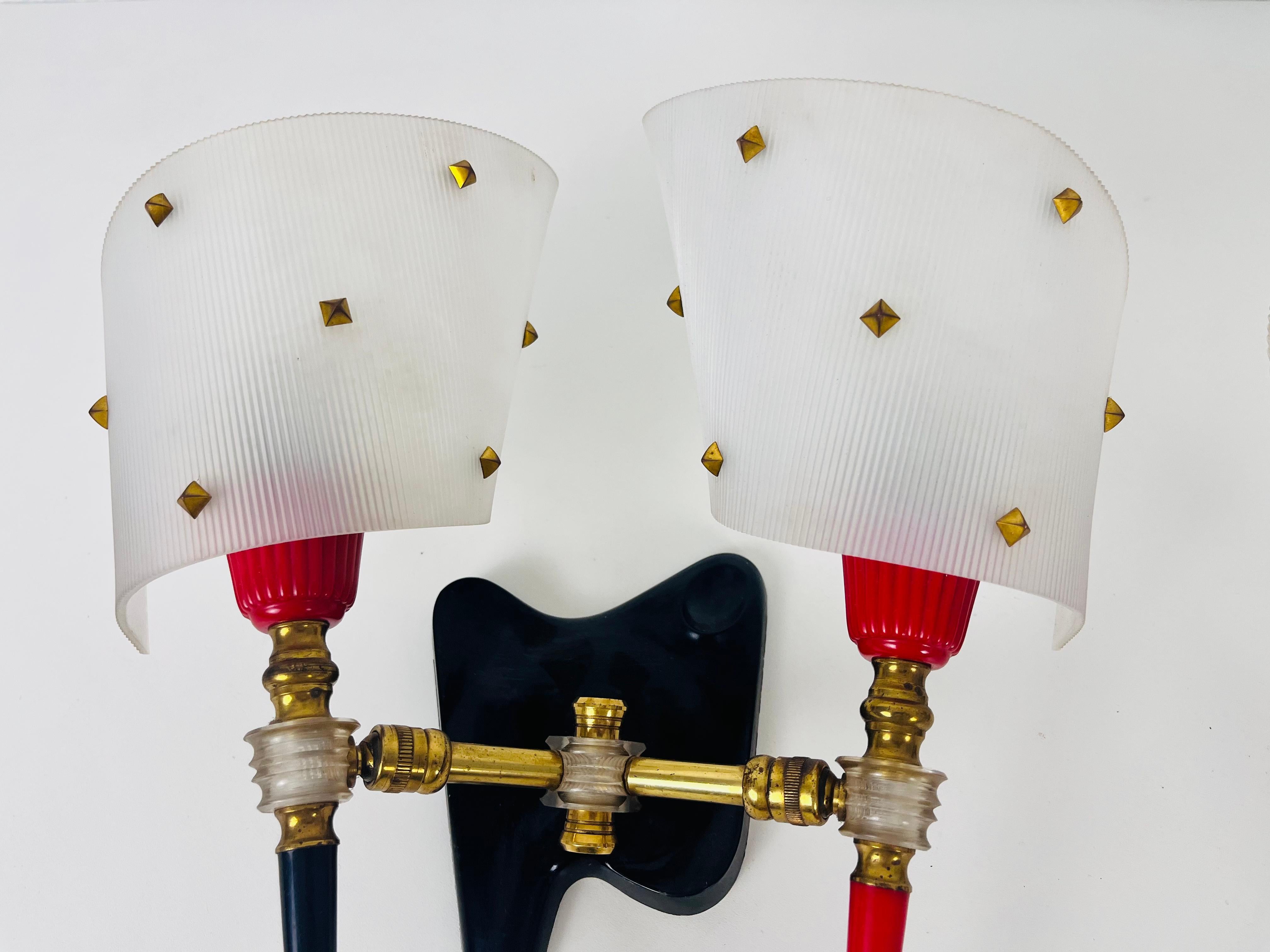 Mid-20th Century Pair of 2 Brass and Plexiglass Wall Lamps by Maison Arlus, 1960, France For Sale