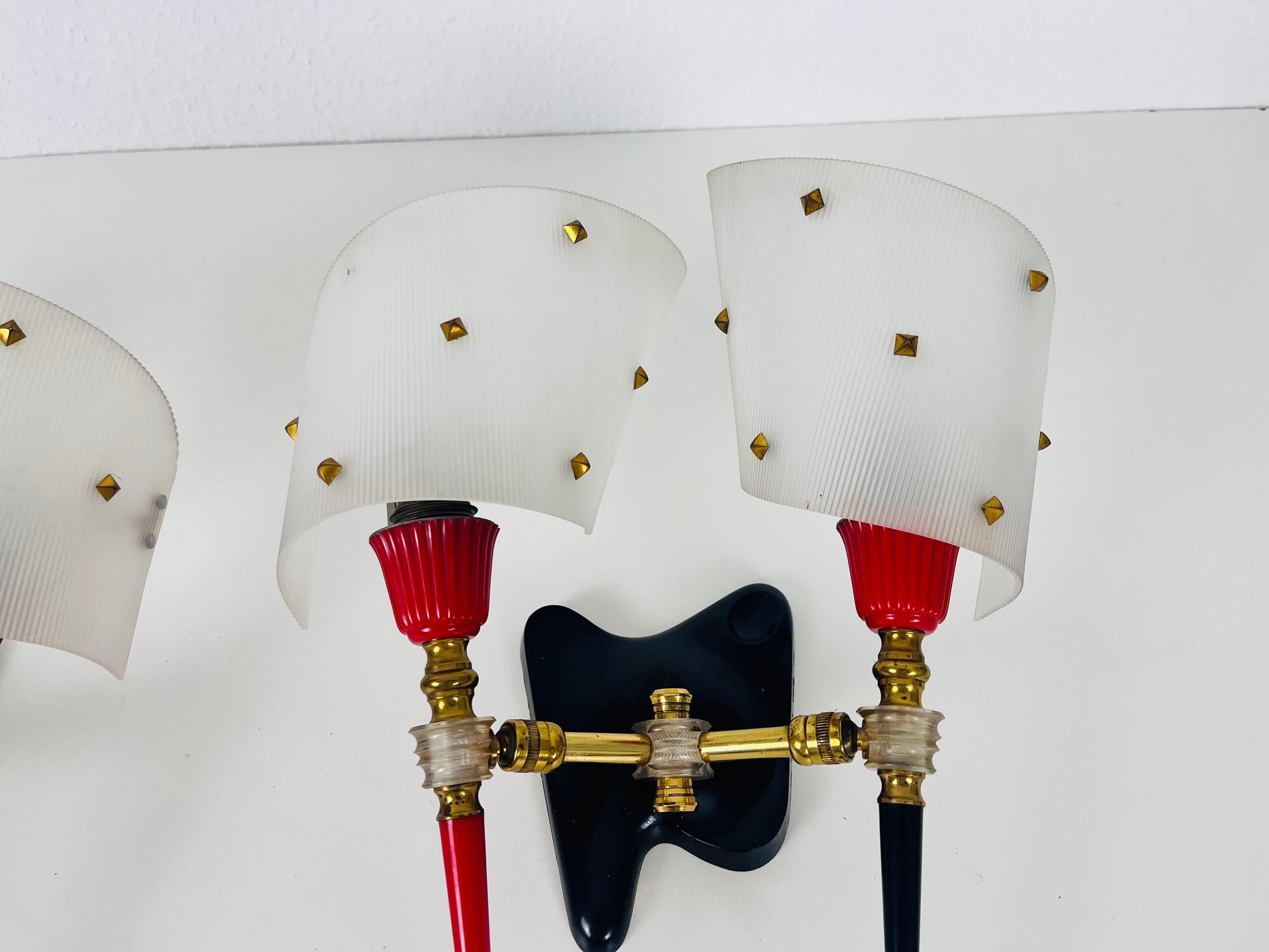 Plastic Pair of 2 Brass and Plexiglass Wall Lamps by Maison Arlus, 1960, France For Sale