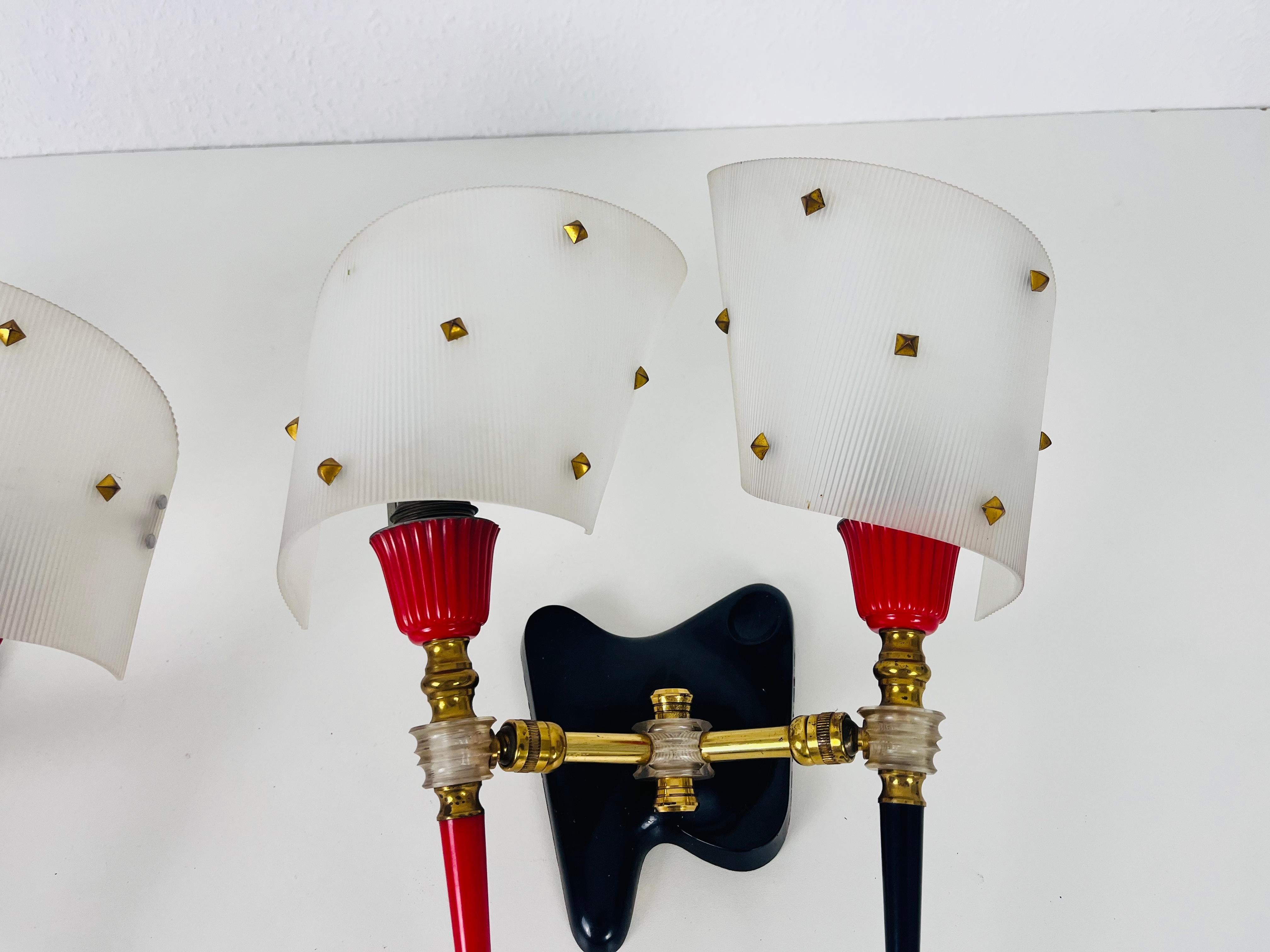Pair of 2 Brass and Plexiglass Wall Lamps by Maison Arlus, 1960, France For Sale 1